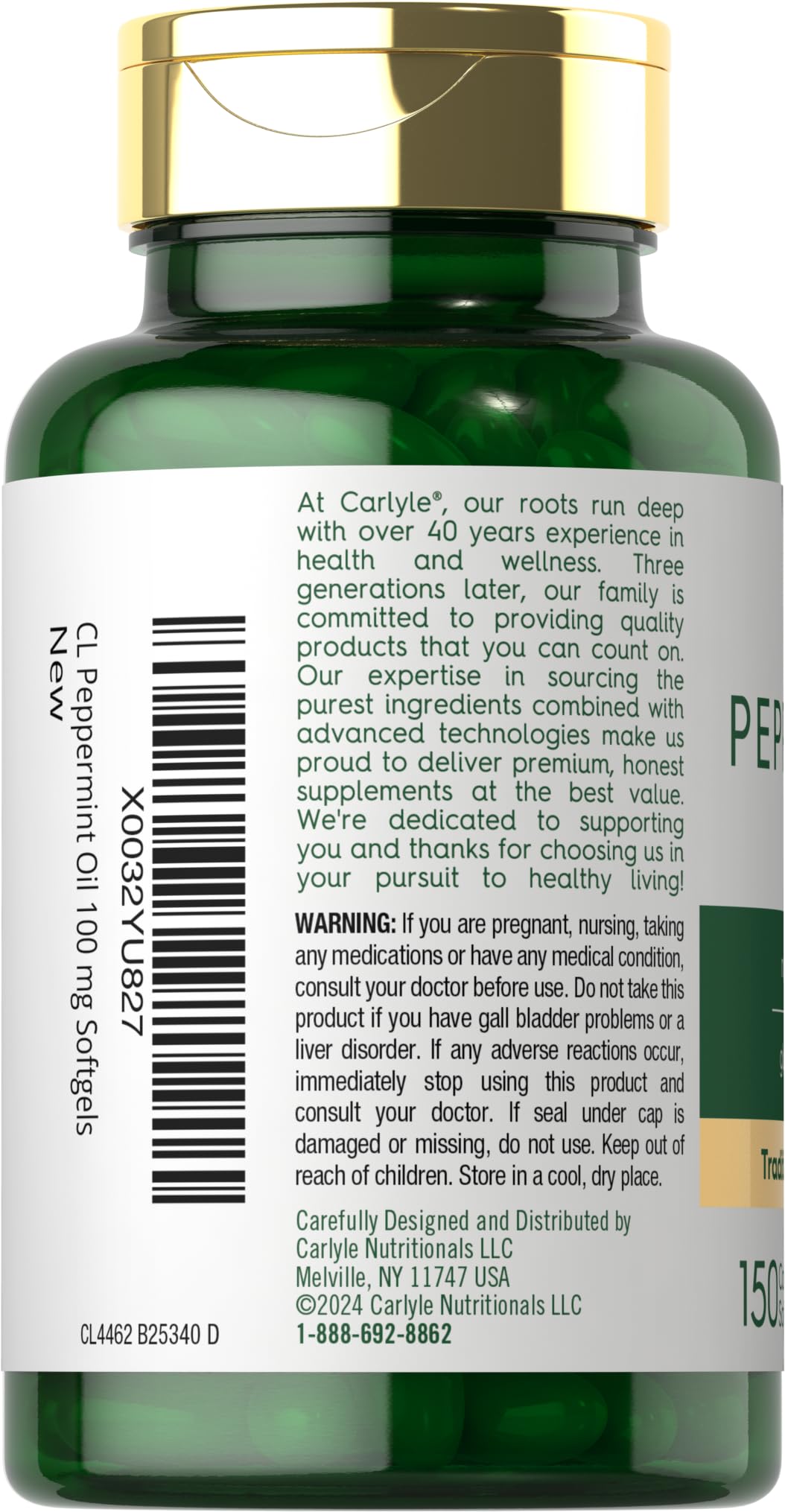 Pouring Carlyle Peppermint Oil Capsules from the bottle.