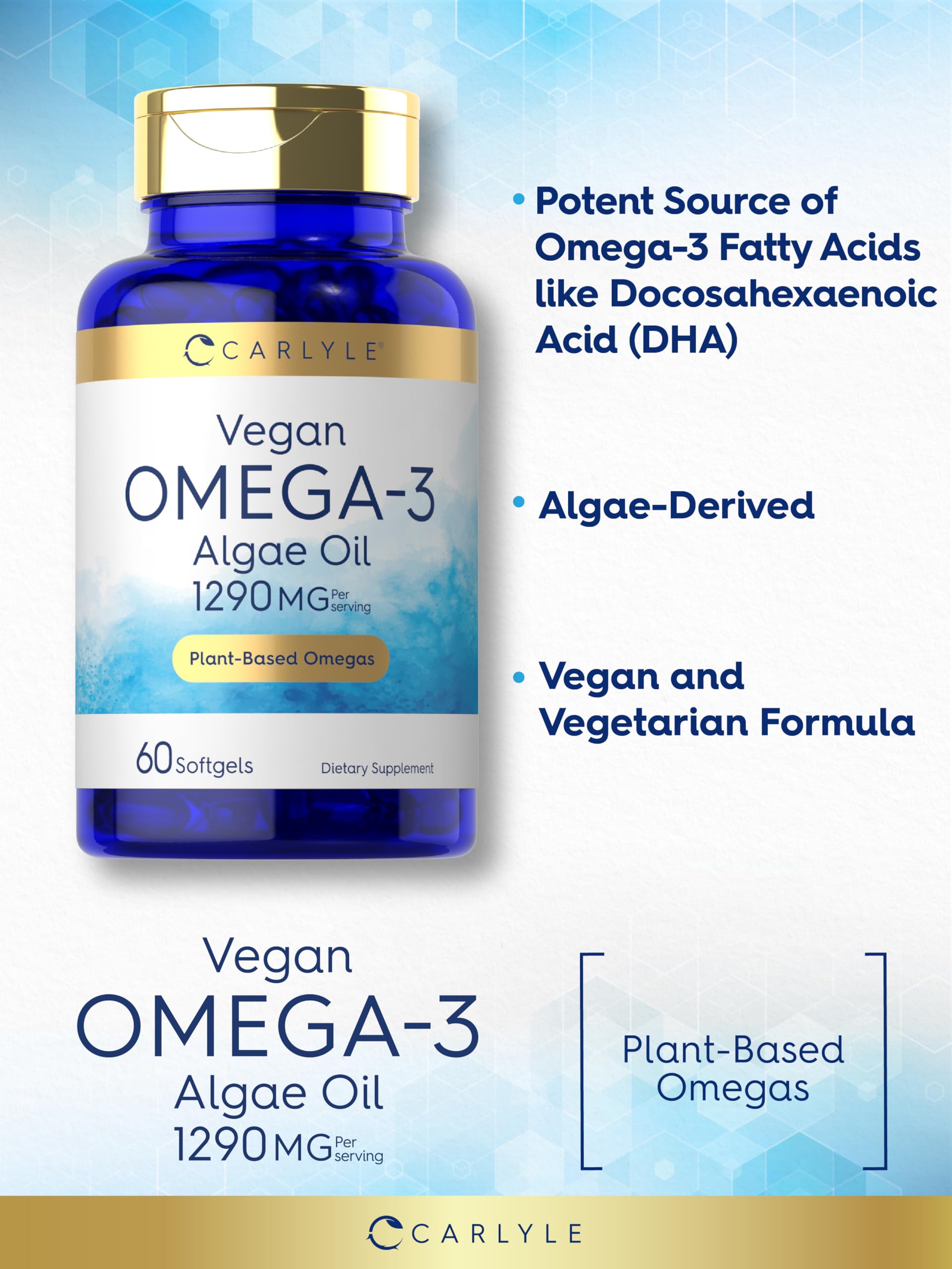 Carlyle Plant-based omega-3 contents on package for everyday wellness.