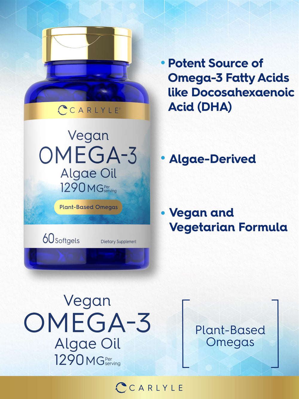 Carlyle Plant-based omega-3 contents on package for everyday wellness.