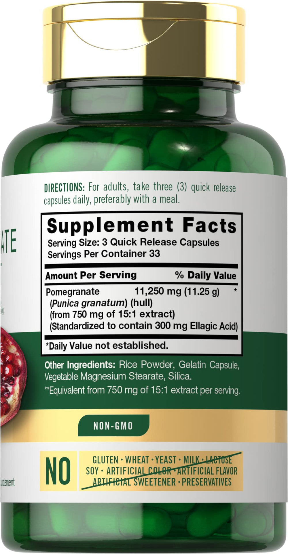 Carlyle Pomegranate Extract capsules on white background highlighting high-quality ellagic acid.
