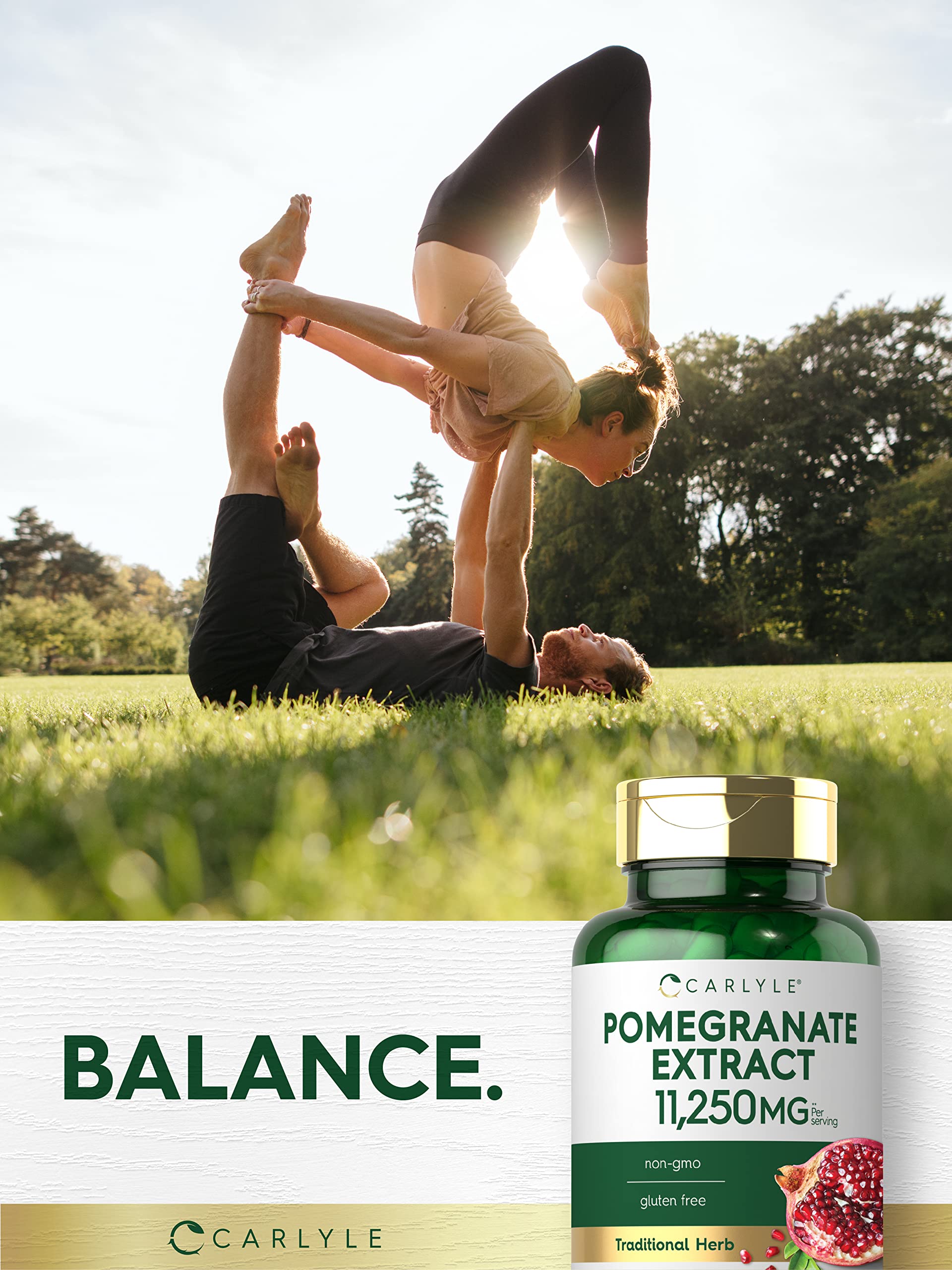 Carlyle Pomegranate Extract nutrition facts panel highlights non-GMO and gluten-free status.