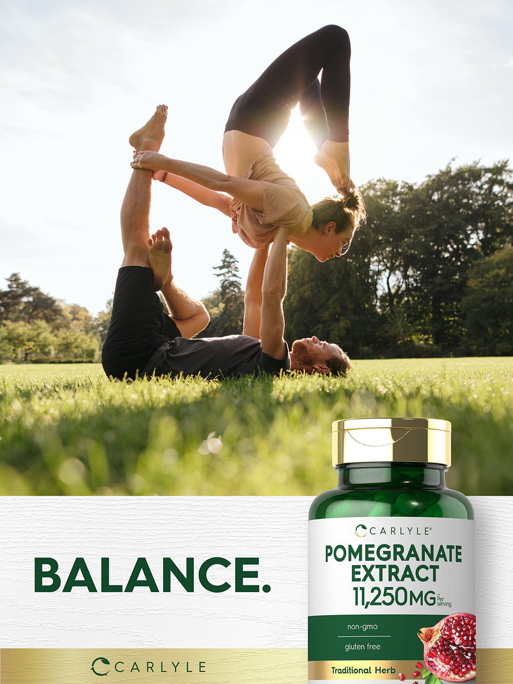 Carlyle Pomegranate Extract nutrition facts panel highlights non-GMO and gluten-free status.