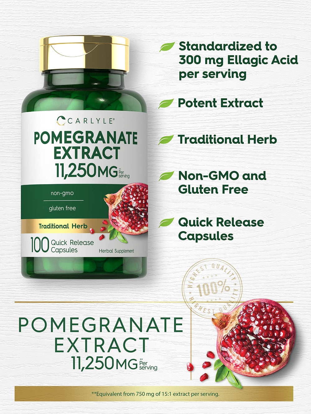 Carlyle Pomegranate Extract label close-up emphasizing purity and ellagic acid standard.