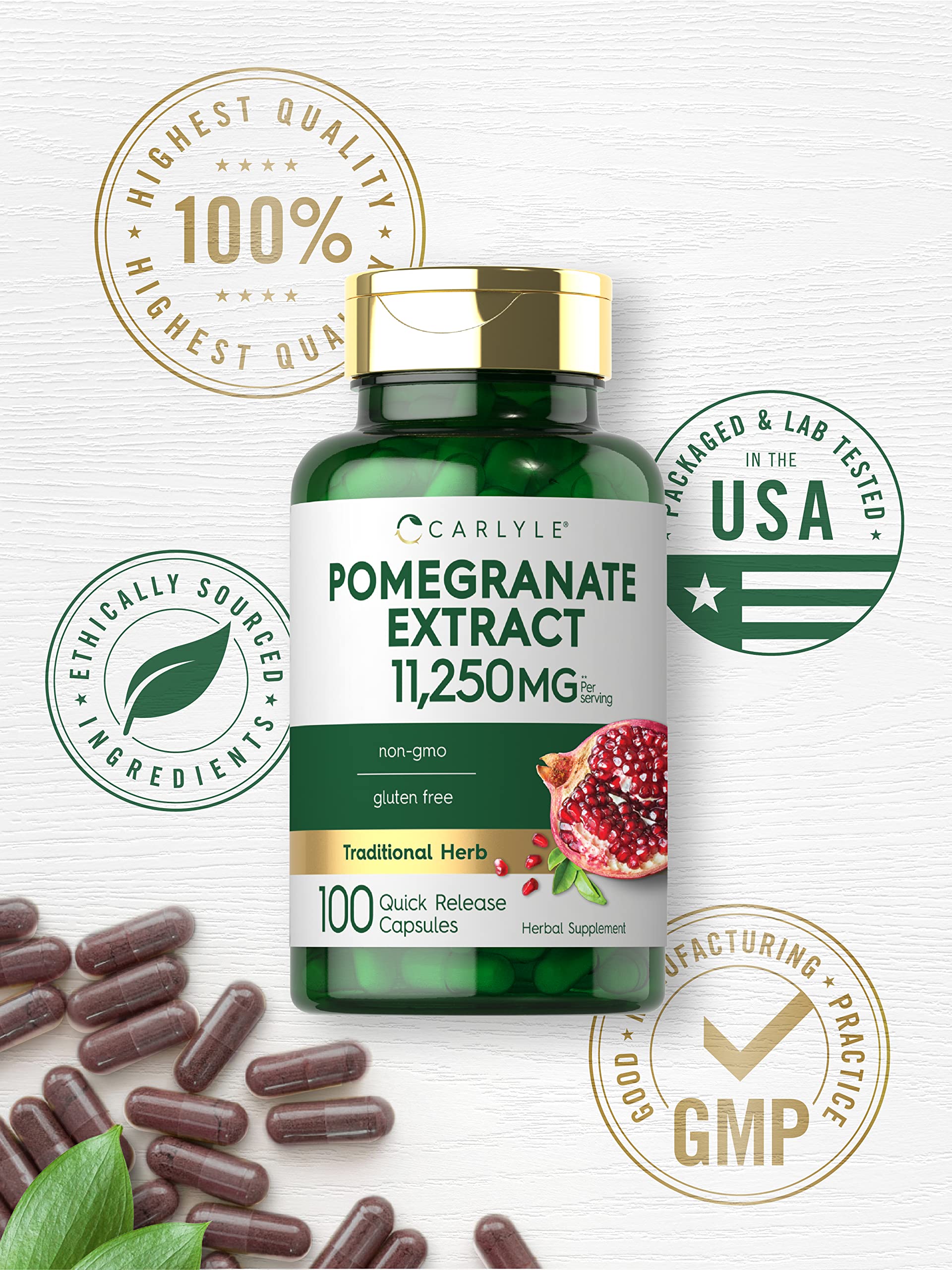 Carlyle Pomegranate Extract capsules being poured suggesting easy daily use.