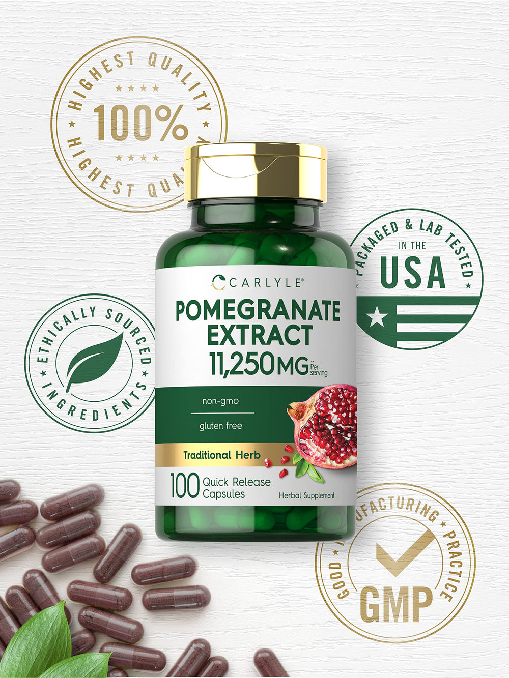 Carlyle Pomegranate Extract capsules being poured suggesting easy daily use.