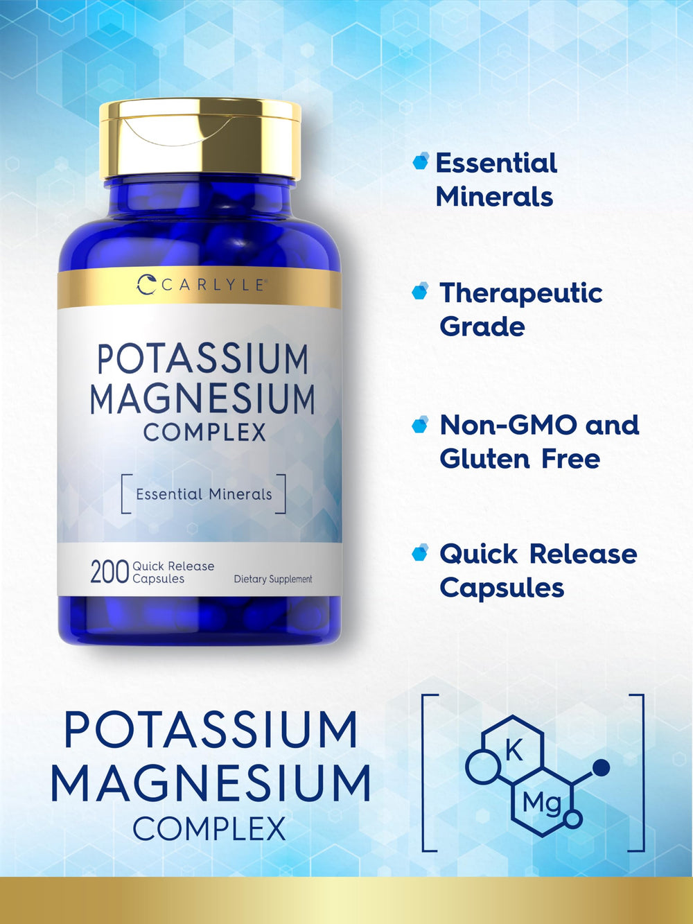 Carlyle Potassium Magnesium packaging shot emphasizing gluten-free and non-GMO claims