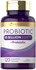Carlyle probiotic bottle front highlighting 50B organisms per serving for daily digestive balance.
