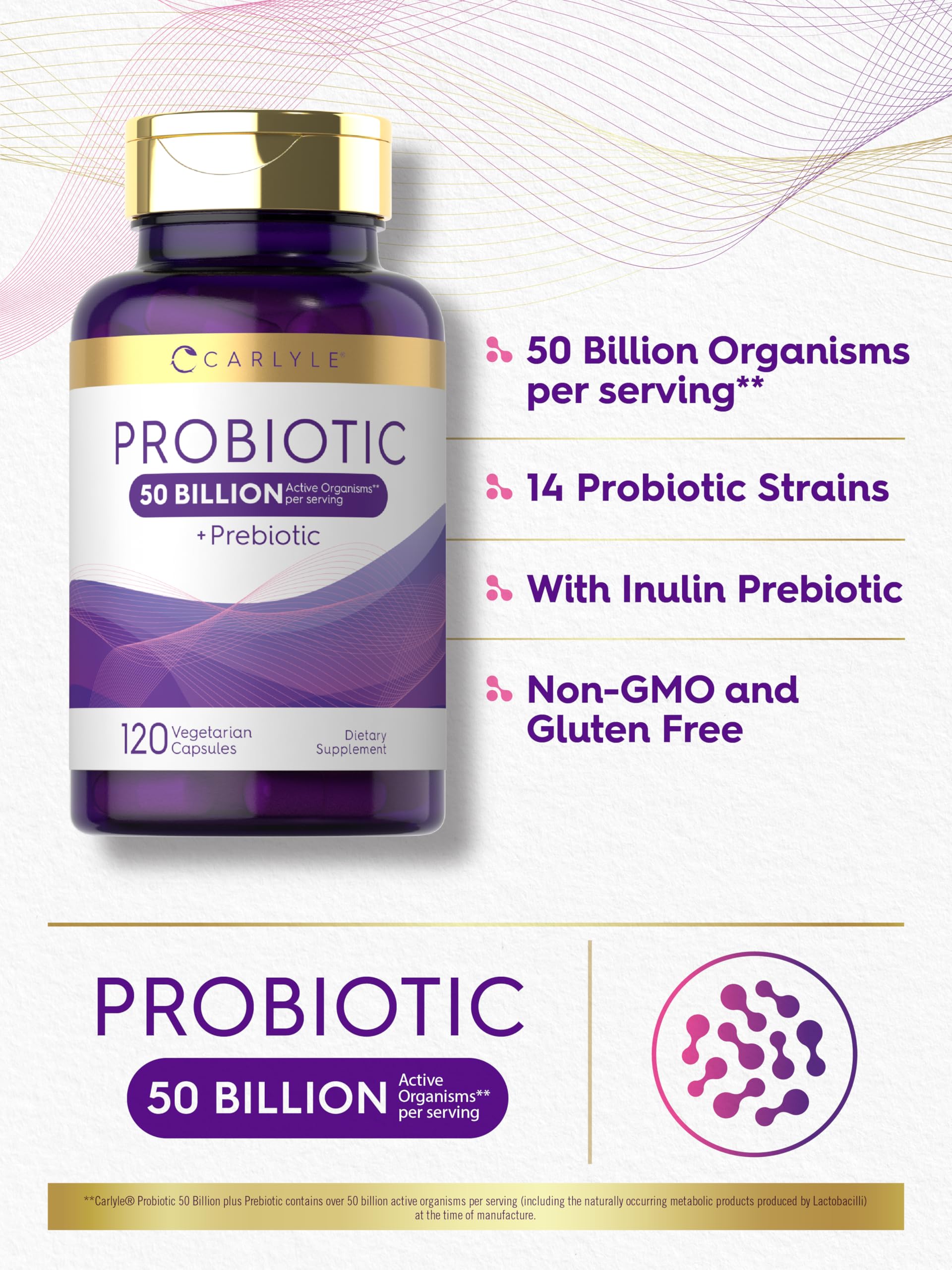 Carlyle probiotic bottle with glass illustrates convenient daily use.