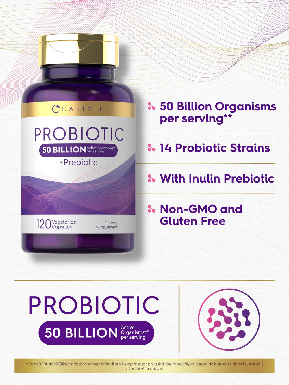 Carlyle probiotic bottle with glass illustrates convenient daily use.