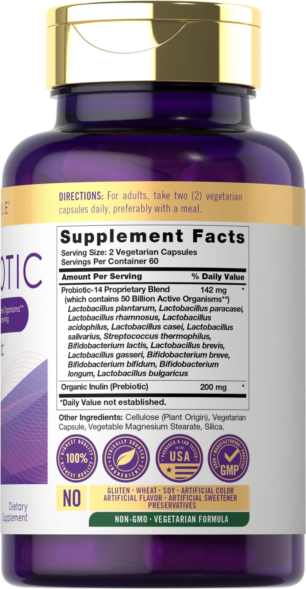 Carlyle probiotic capsules closeup emphasizing vegetarian capsules and high potency.