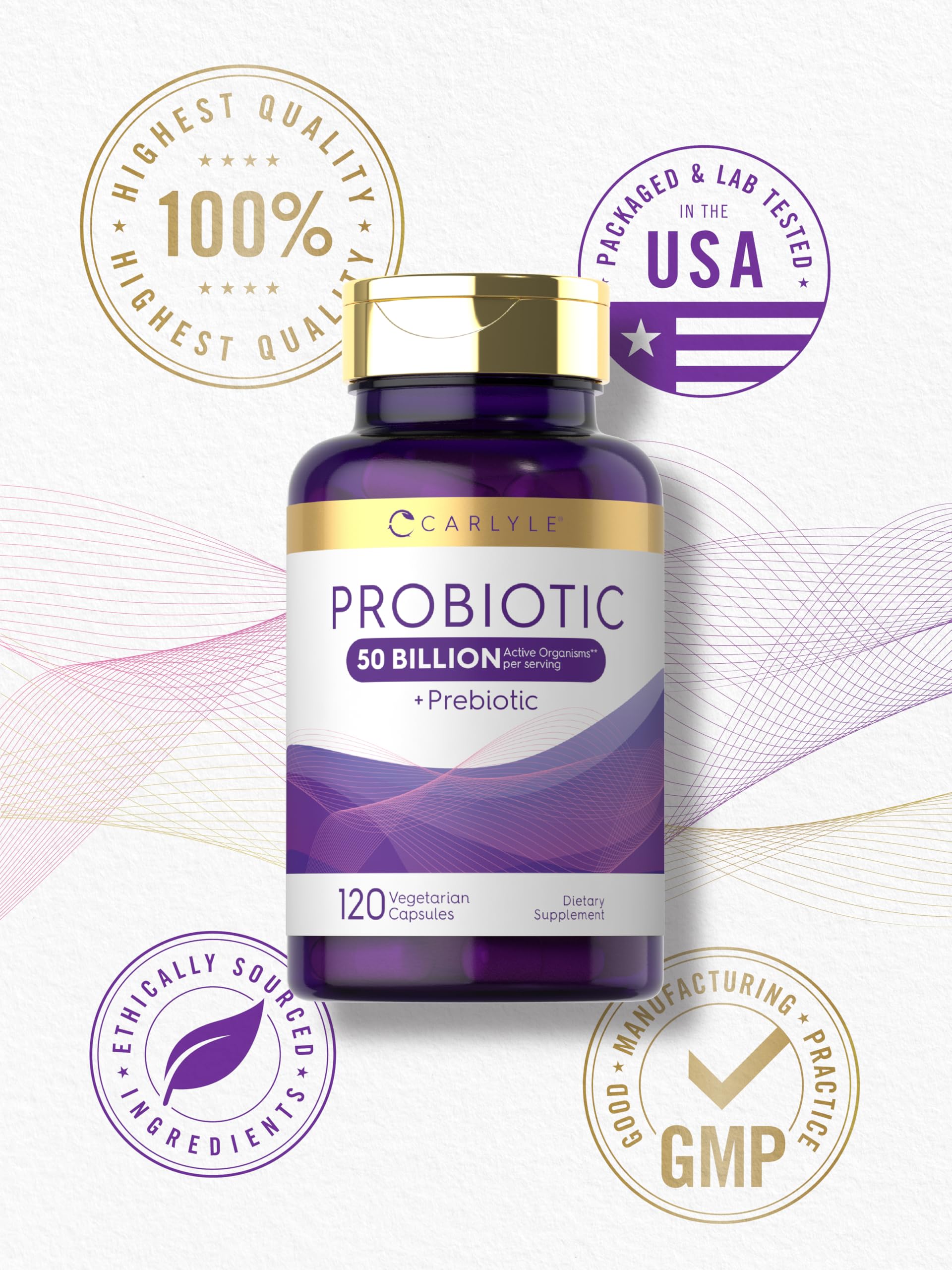 Carlyle probiotic label emphasizes gluten-free and non-GMO quality.