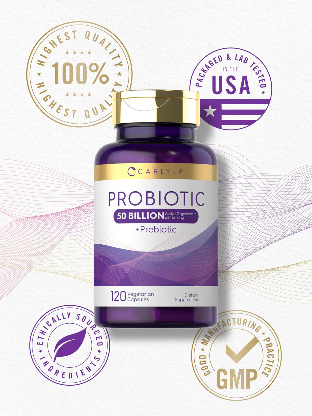Carlyle probiotic label emphasizes gluten-free and non-GMO quality.