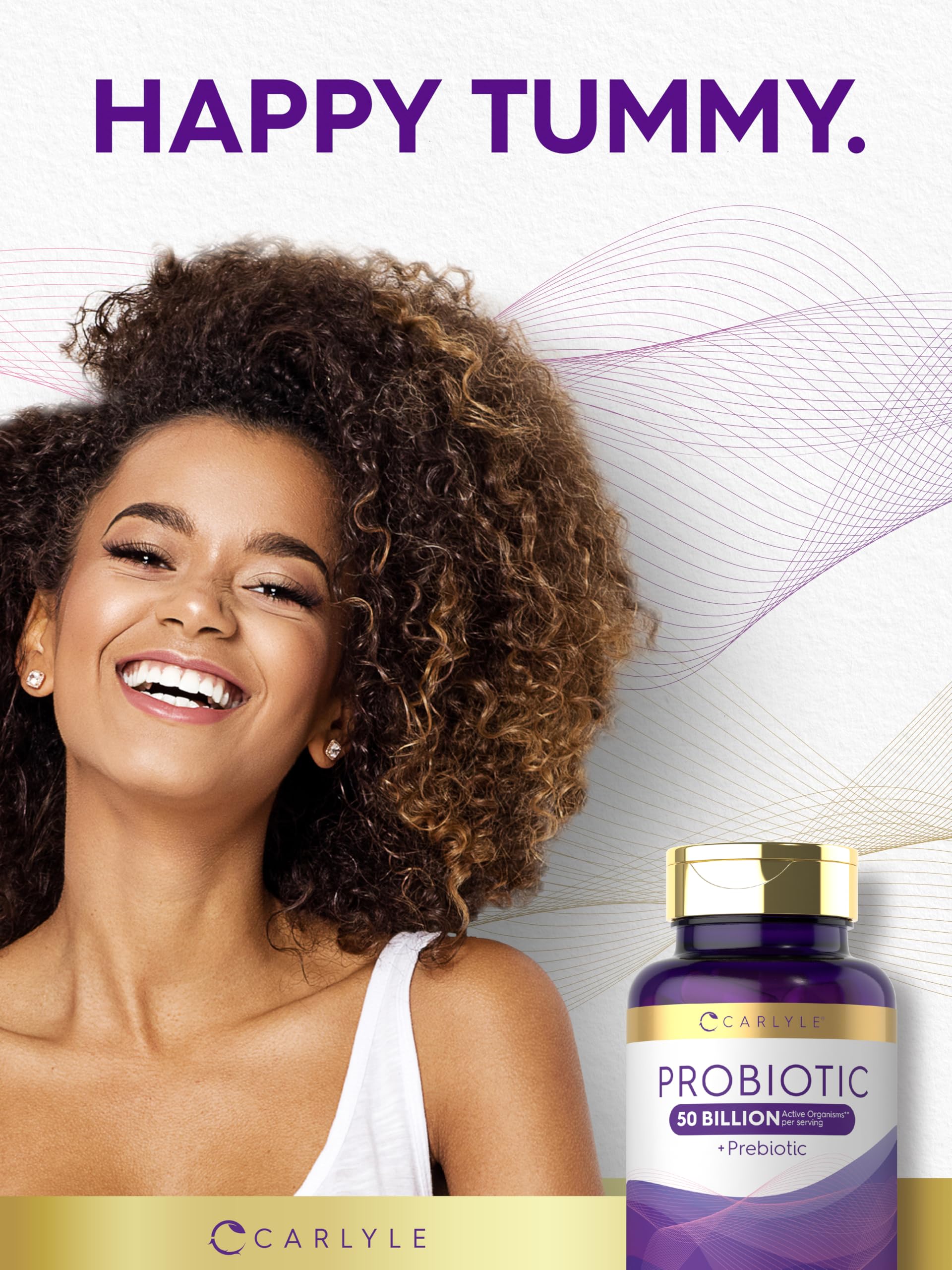 Carlyle probiotic packaging highlights 50B organisms plus prebiotic in one supplement.