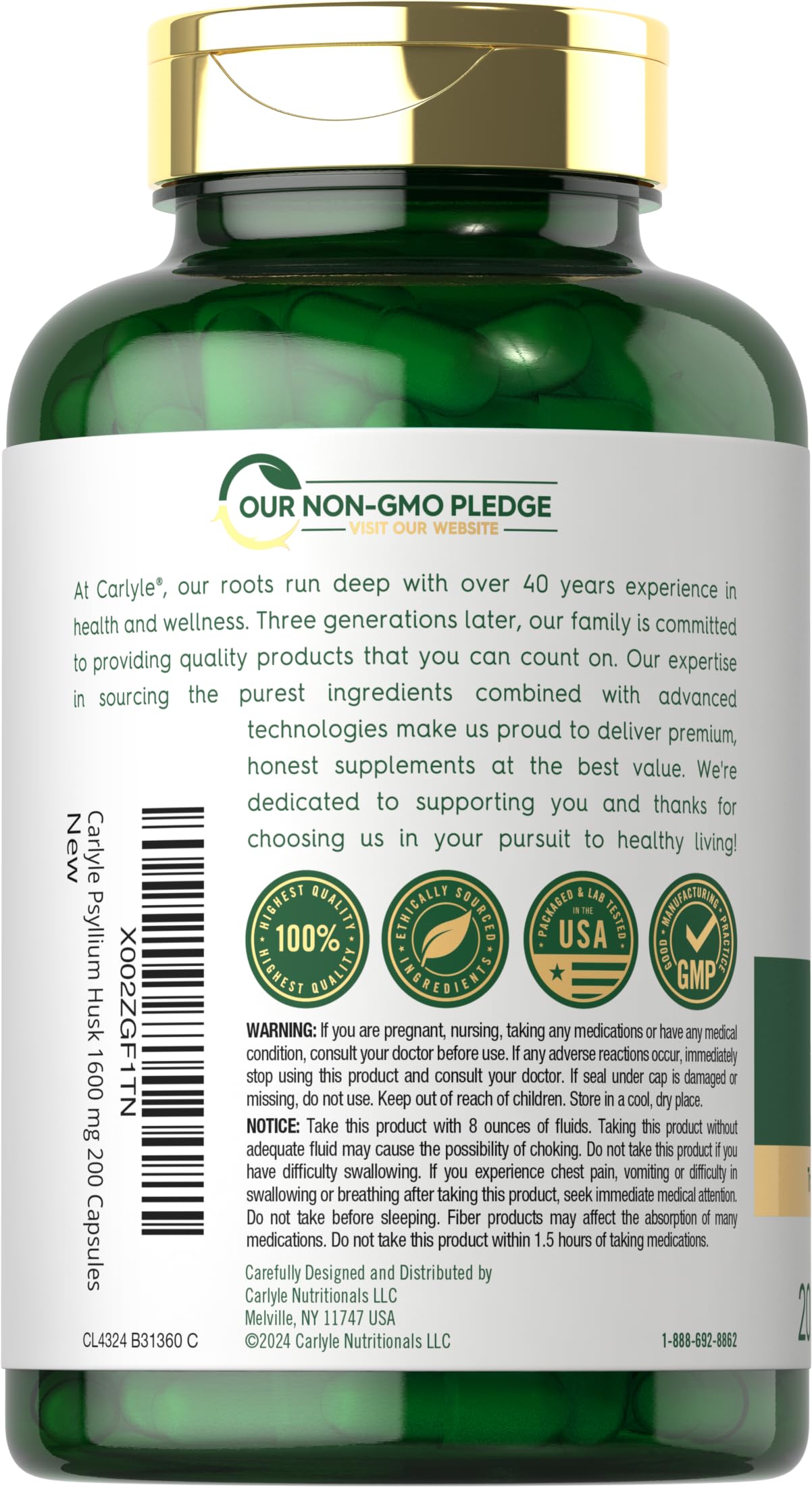 200-count Carlyle psyllium bottle offers convenient daily fiber support.