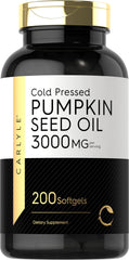Carlyle Pumpkin Seed Oil bottle label highlighting nutritional content.