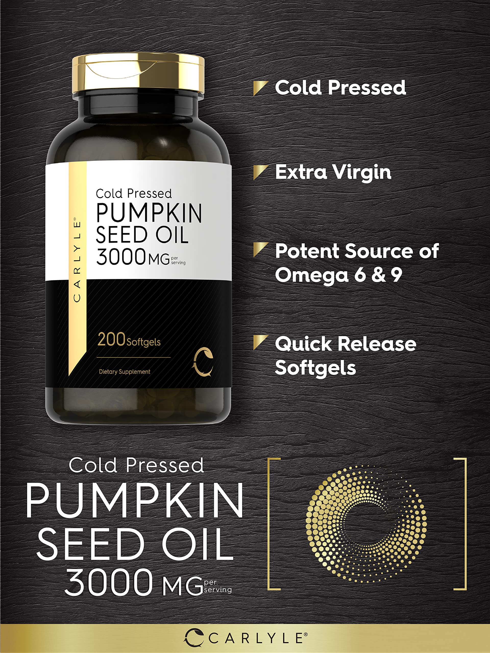 Cold-pressed extraction preserves omega nutrients in Carlyle Pumpkin Seed Oil.