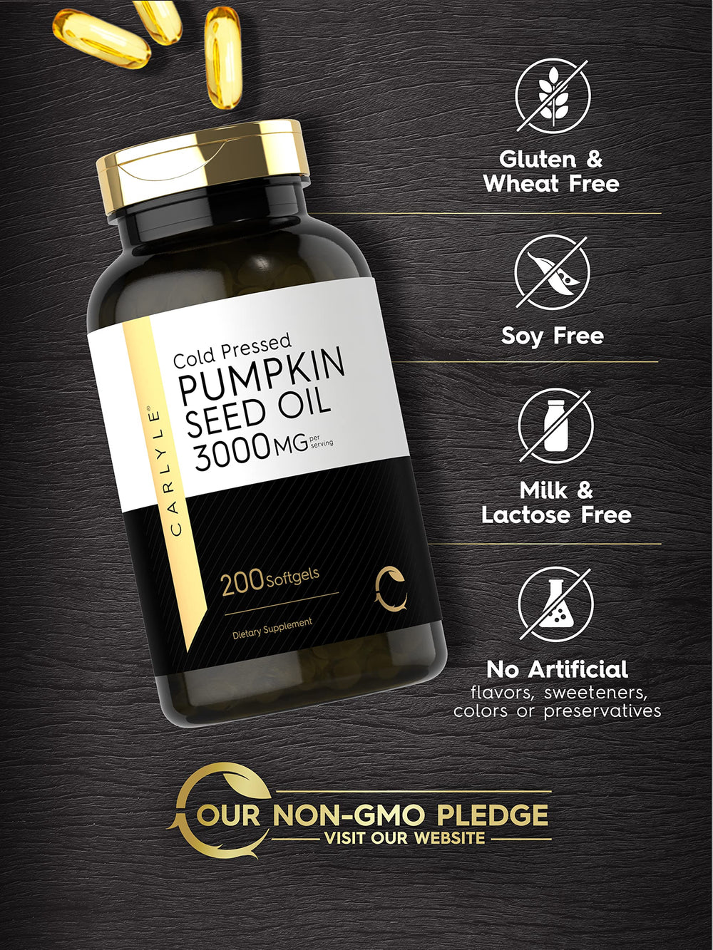 Non-GMO gluten-free Carlyle Pumpkin Seed Oil supports dietary preferences.