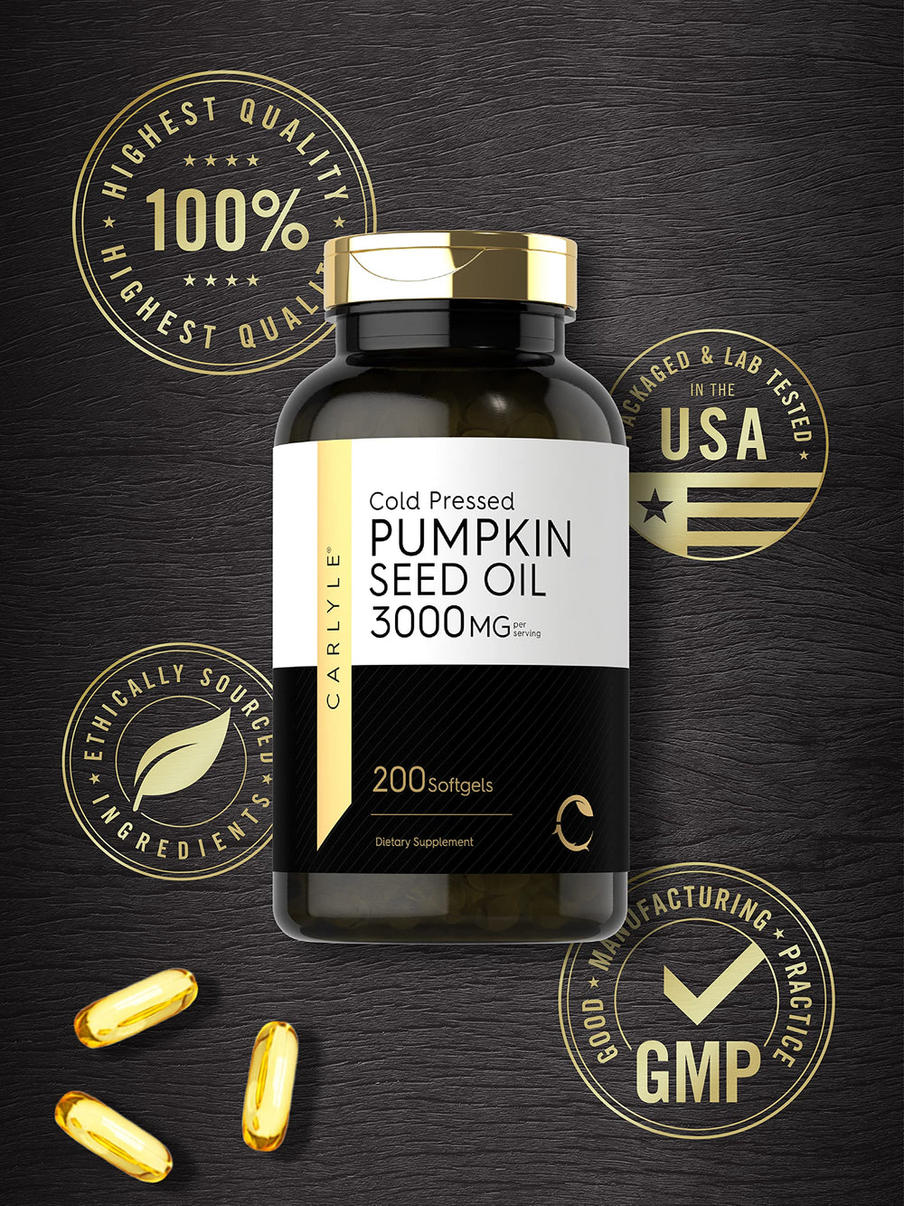 Serving size display shows 3000 mg pumpkin seed oil per dose.