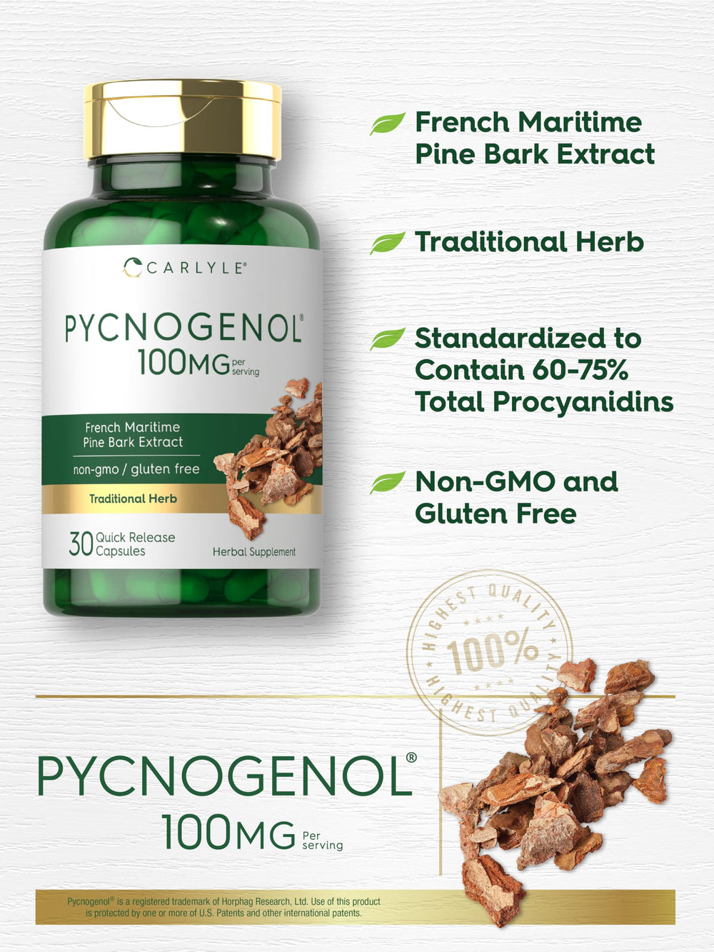 Front view of Carlyle Pycnogenol box with branding