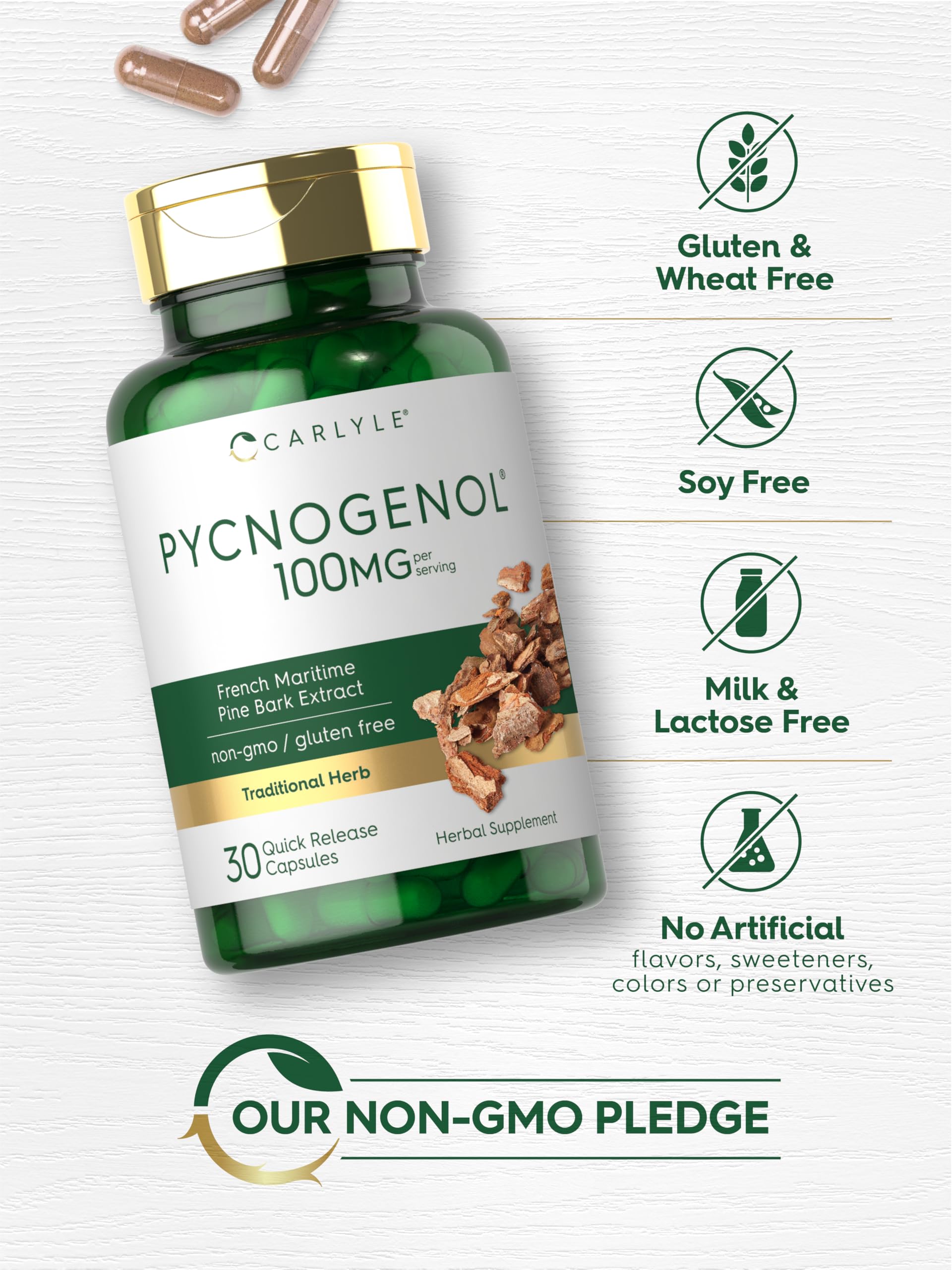 Carlyle Pycnogenol ingredient panel highlighting 100 mg extract
