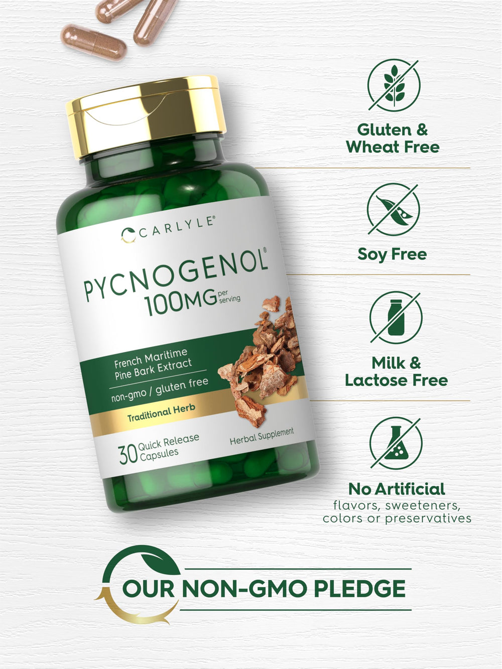 Carlyle Pycnogenol ingredient panel highlighting 100 mg extract