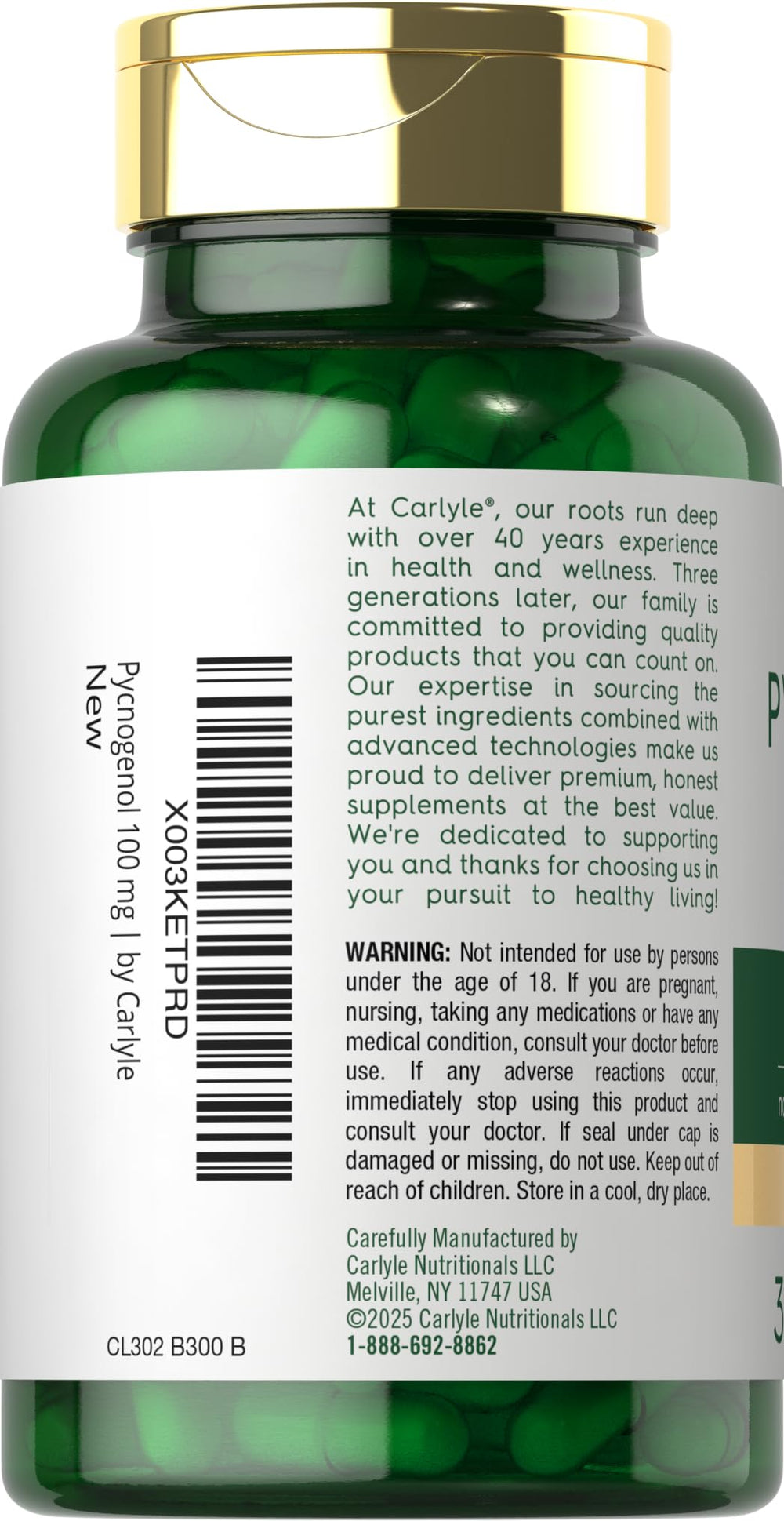 Carlyle Pycnogenol label notes gluten-free and non-GMO ingredients
