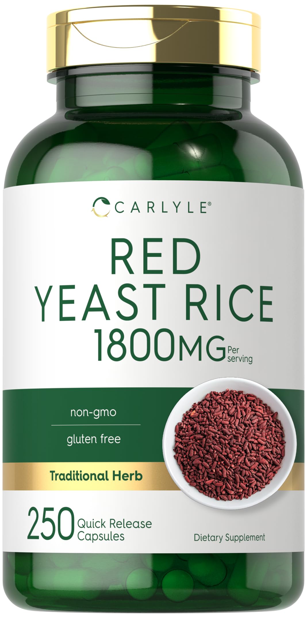 Carlyle Red Yeast Rice bottle with 1800 mg quick-release capsules for daily wellness.