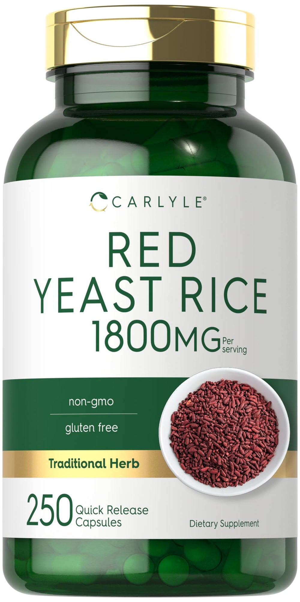 Carlyle Red Yeast Rice bottle with 1800 mg quick-release capsules for daily wellness.