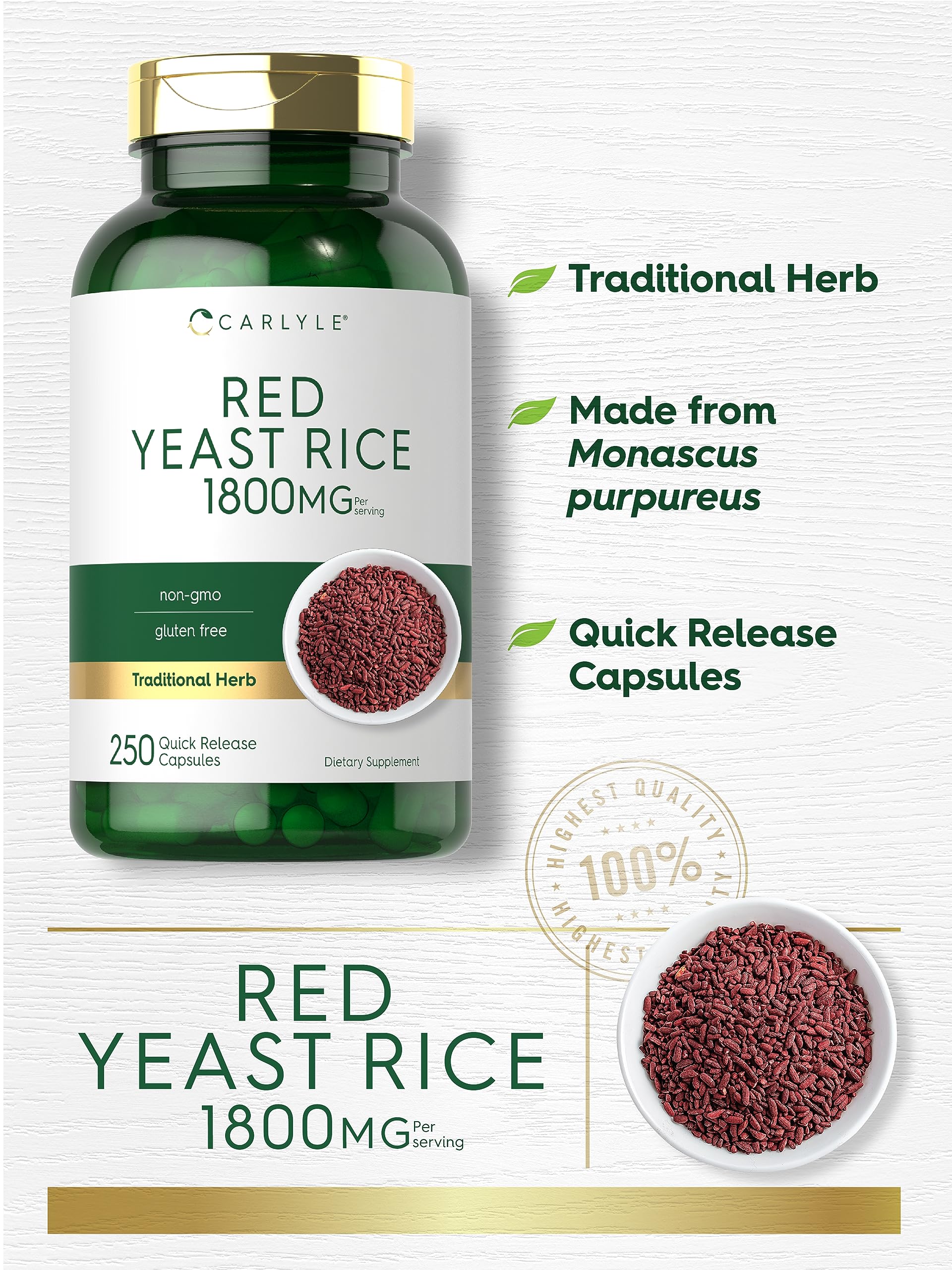Carlyle Red Yeast Rice label emphasizes gluten-free and allergen-free formula.