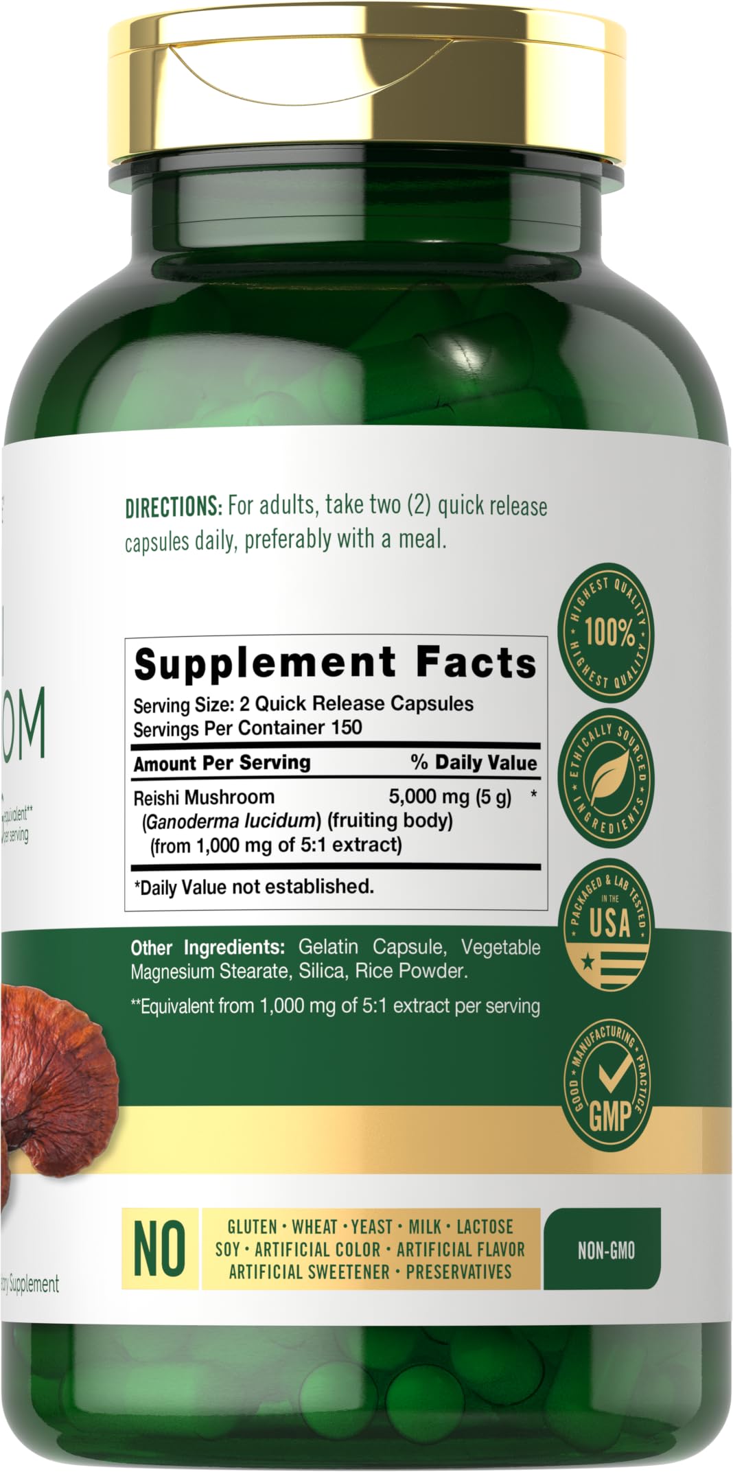 Carlyle Reishi mushroom capsules close-up highlighting easy-to-swallow form.