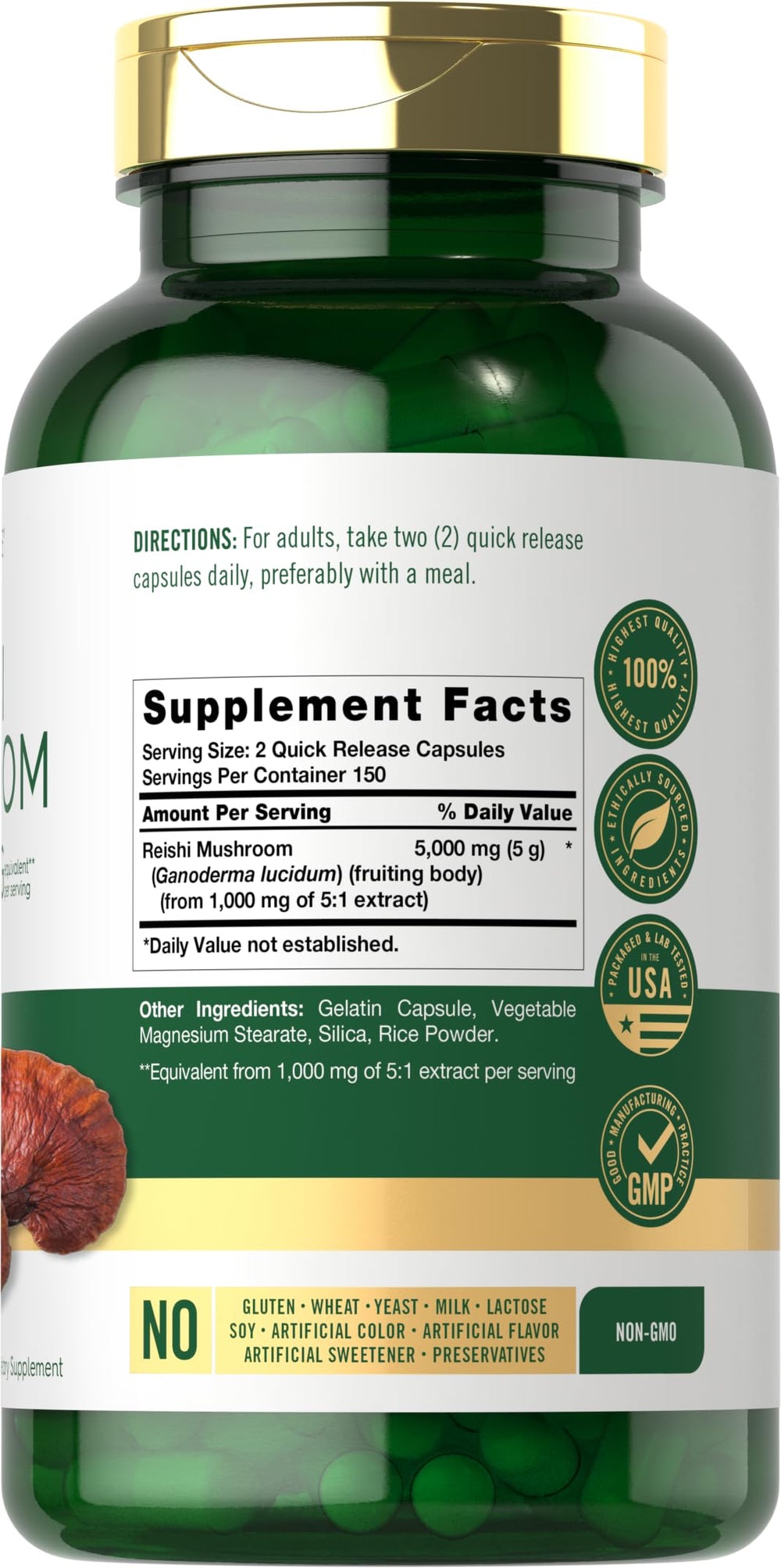 Carlyle Reishi mushroom capsules close-up highlighting easy-to-swallow form.