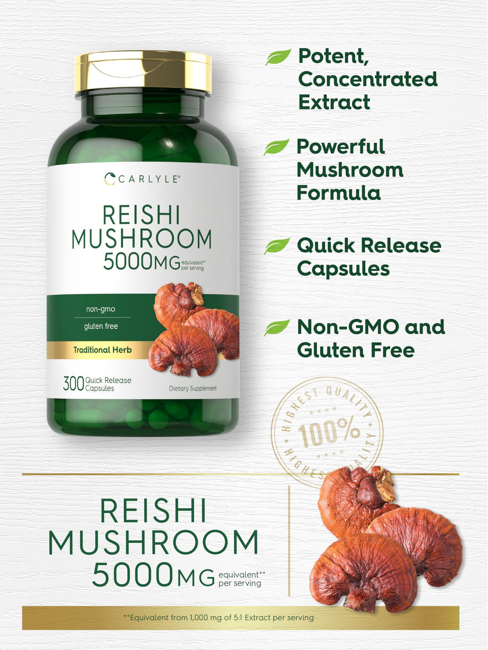 Carlyle Reishi mushroom label view noting gluten-free and non-GMO features.