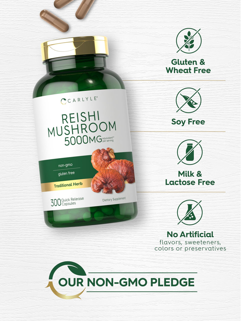 Carlyle Reishi mushroom packaging box signaling premium quality and lab-tested ingredients.