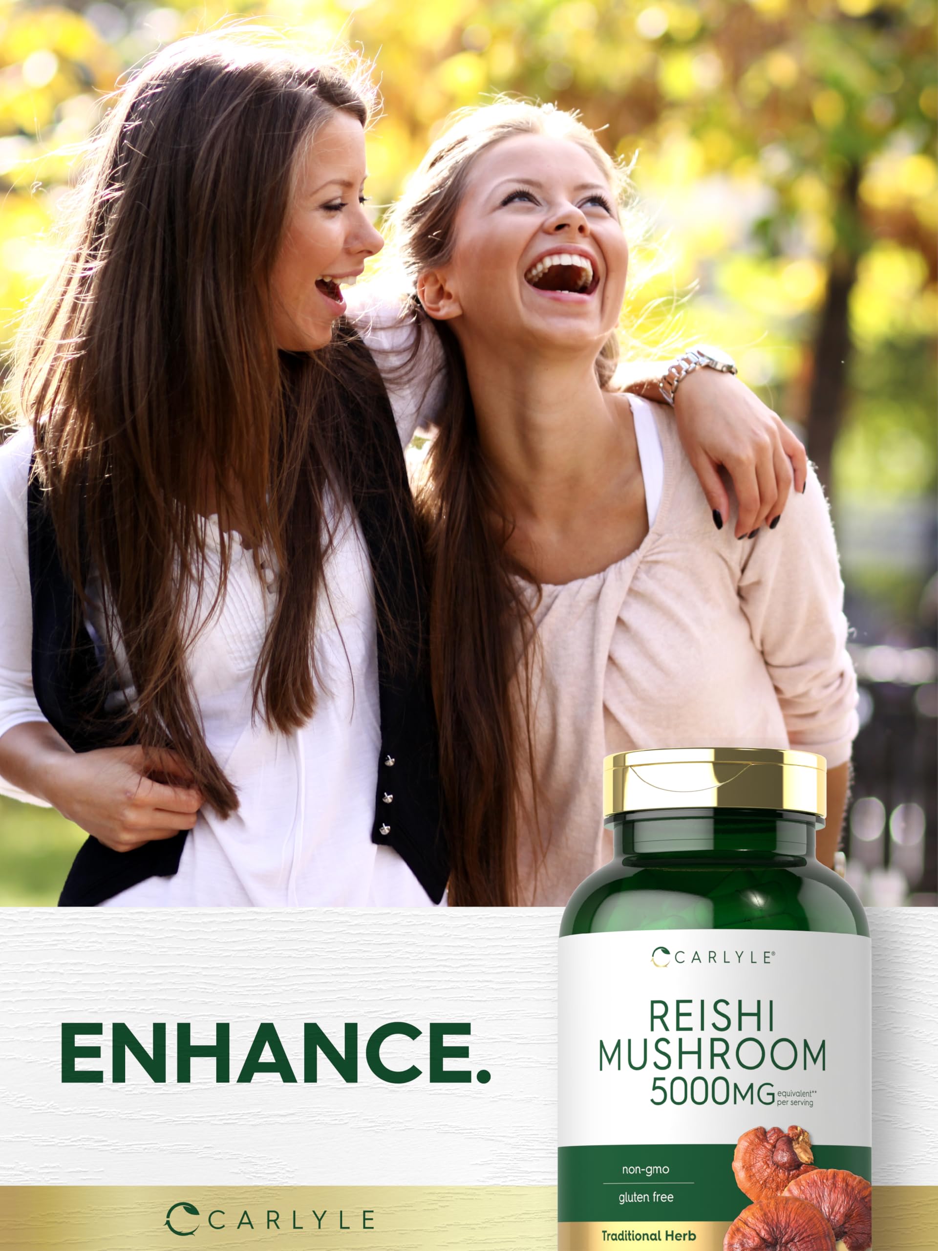 Carlyle Reishi mushroom capsules displayed on a shelf.