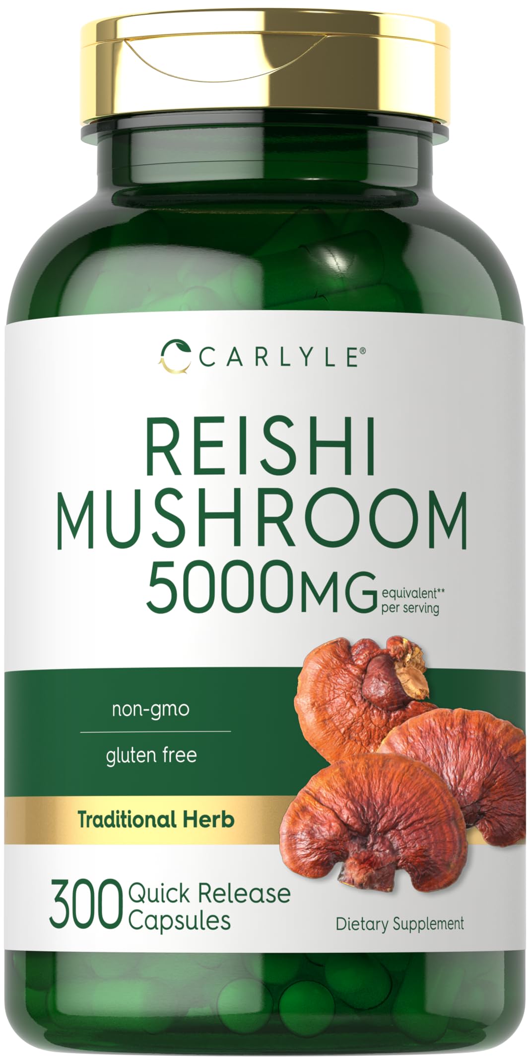 Carlyle Reishi mushroom supplement bottle label showing 5000mg per serving for daily wellness.