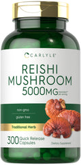 Carlyle Reishi mushroom supplement bottle label showing 5000mg per serving for daily wellness.