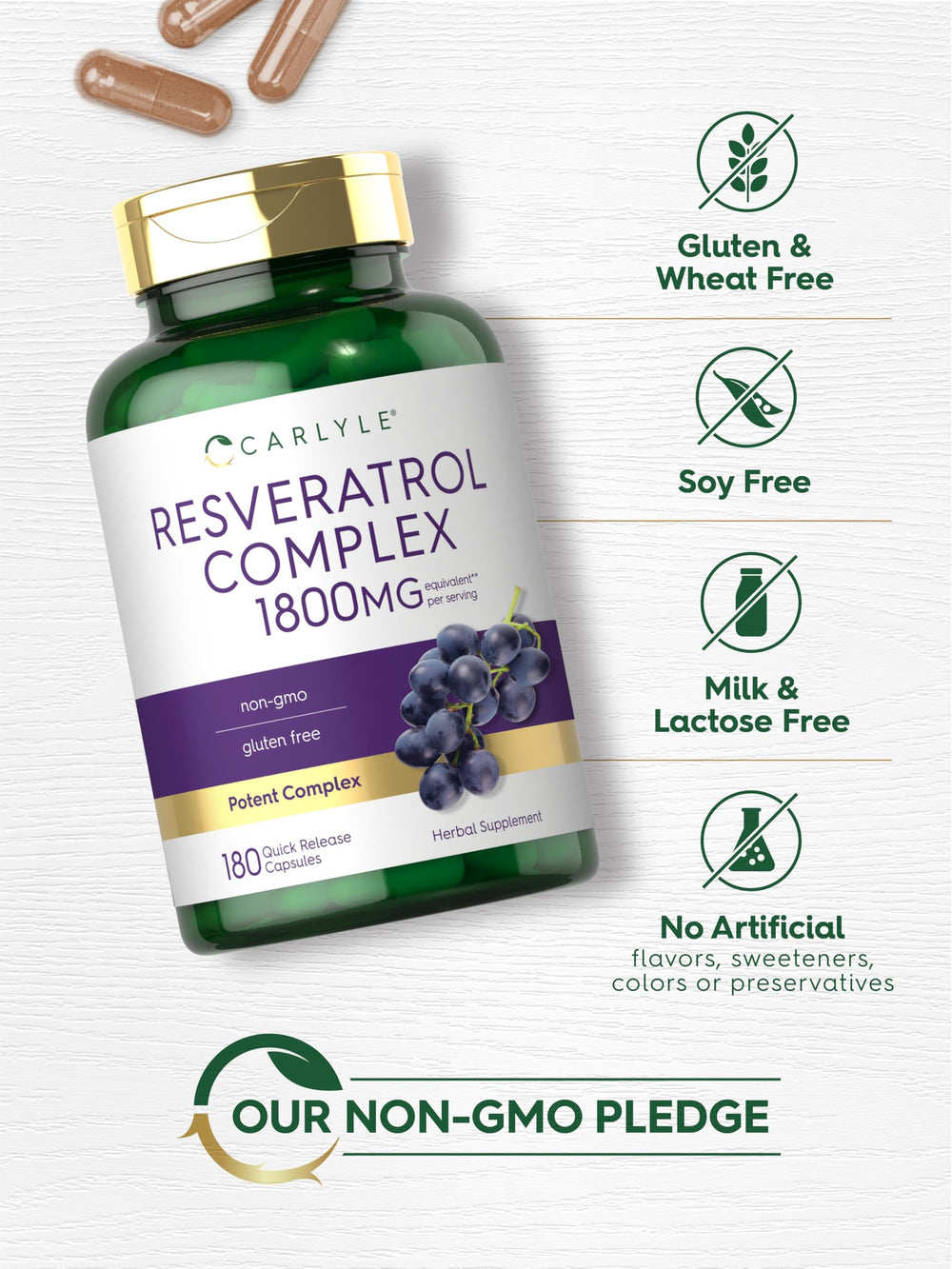 Carlyle Resveratrol Complex non-GMO gluten-free claim, consumer-friendly packaging