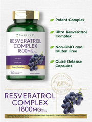 Carlyle Resveratrol label close-up highlighting non-GMO, gluten-free formulation