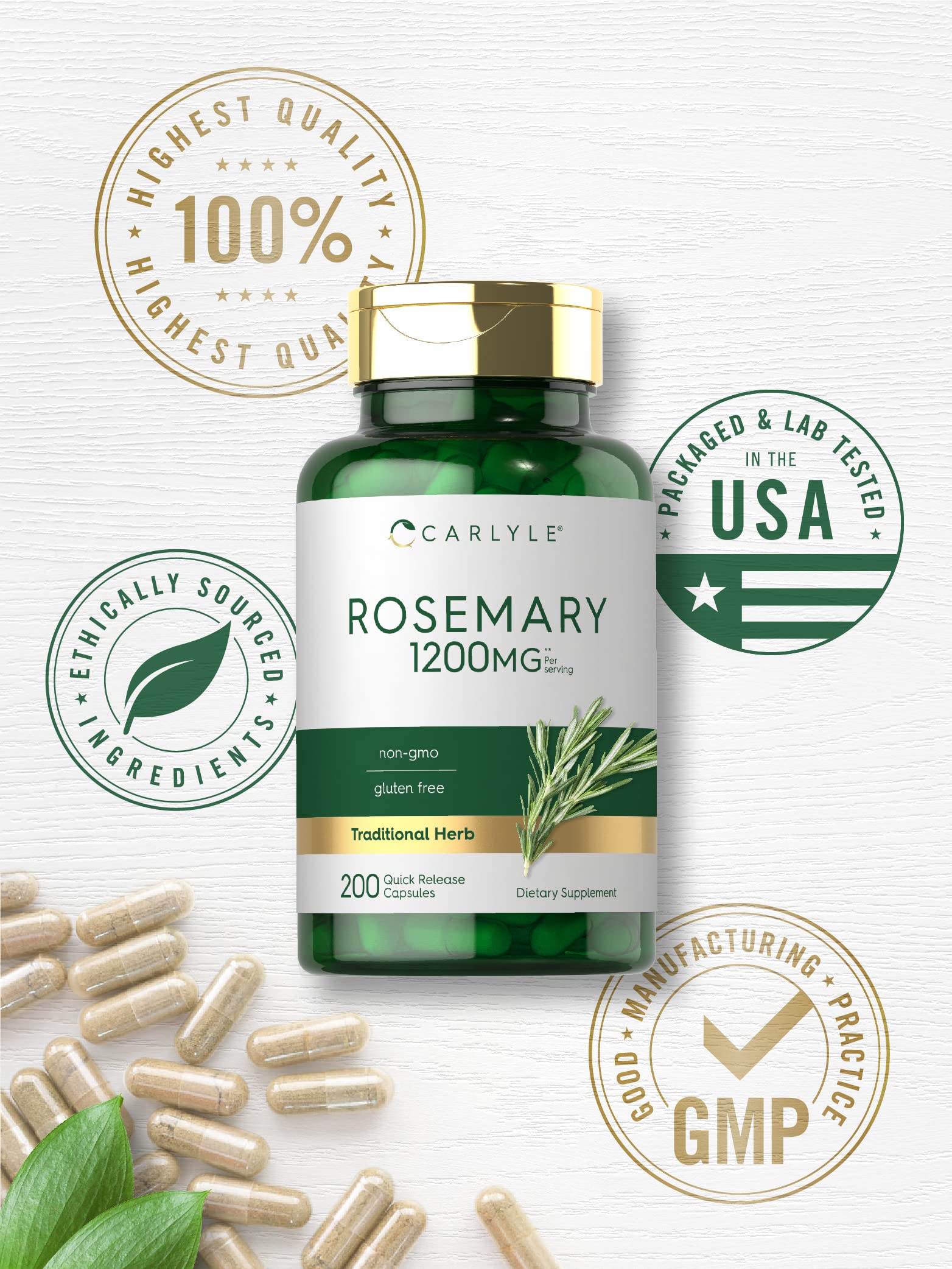 Non-GMO and gluten-free label on Carlyle Rosemary Capsules.