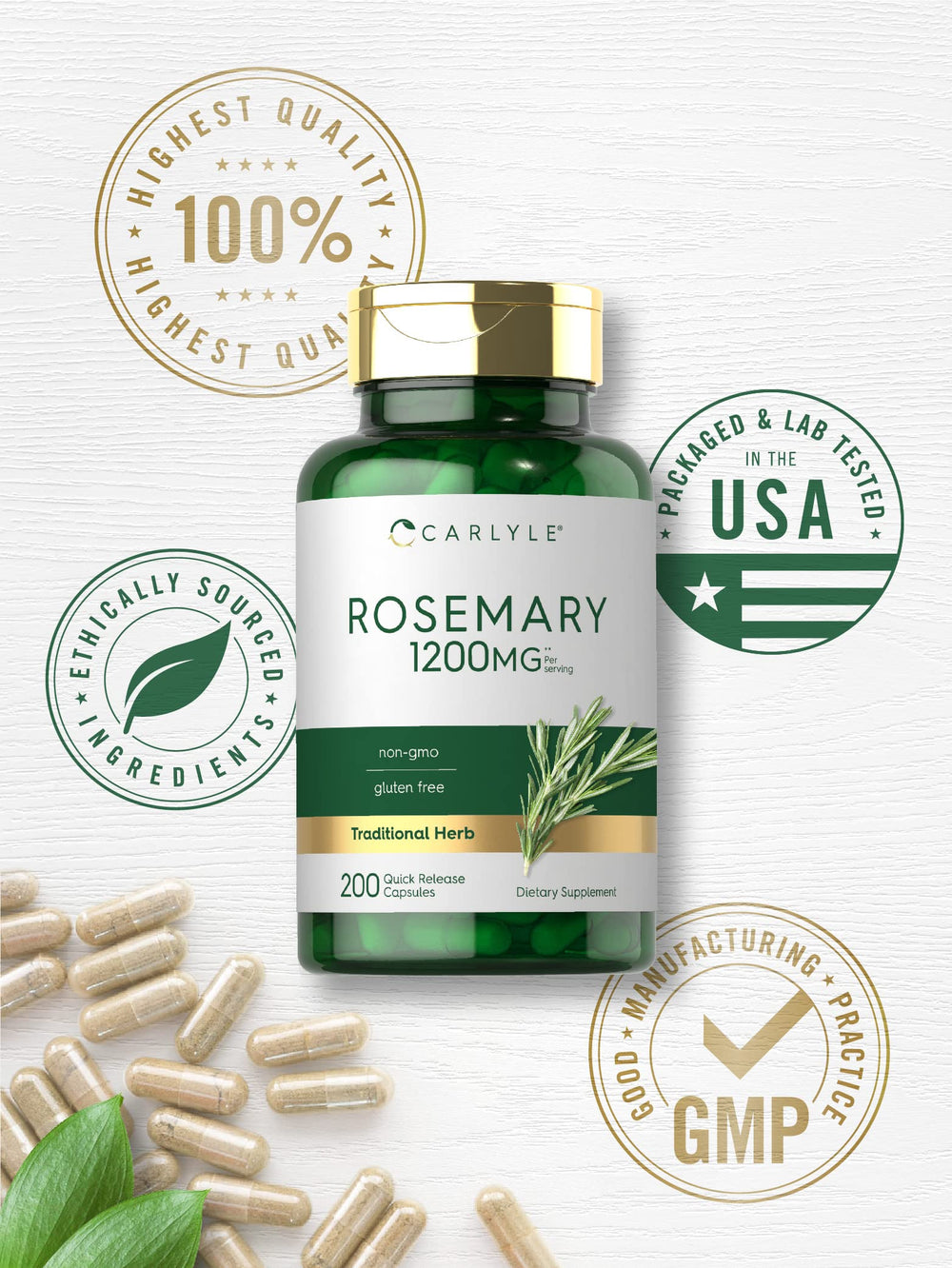 Non-GMO and gluten-free label on Carlyle Rosemary Capsules.