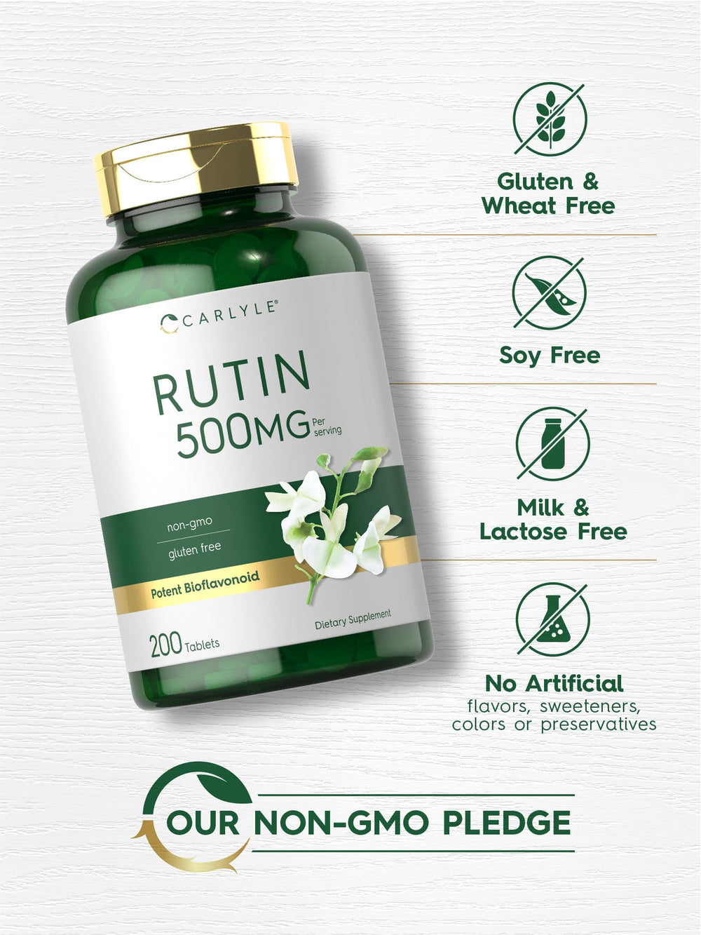 Carlyle Rutin ingredients list emphasizing non-GMO gluten-free formula.