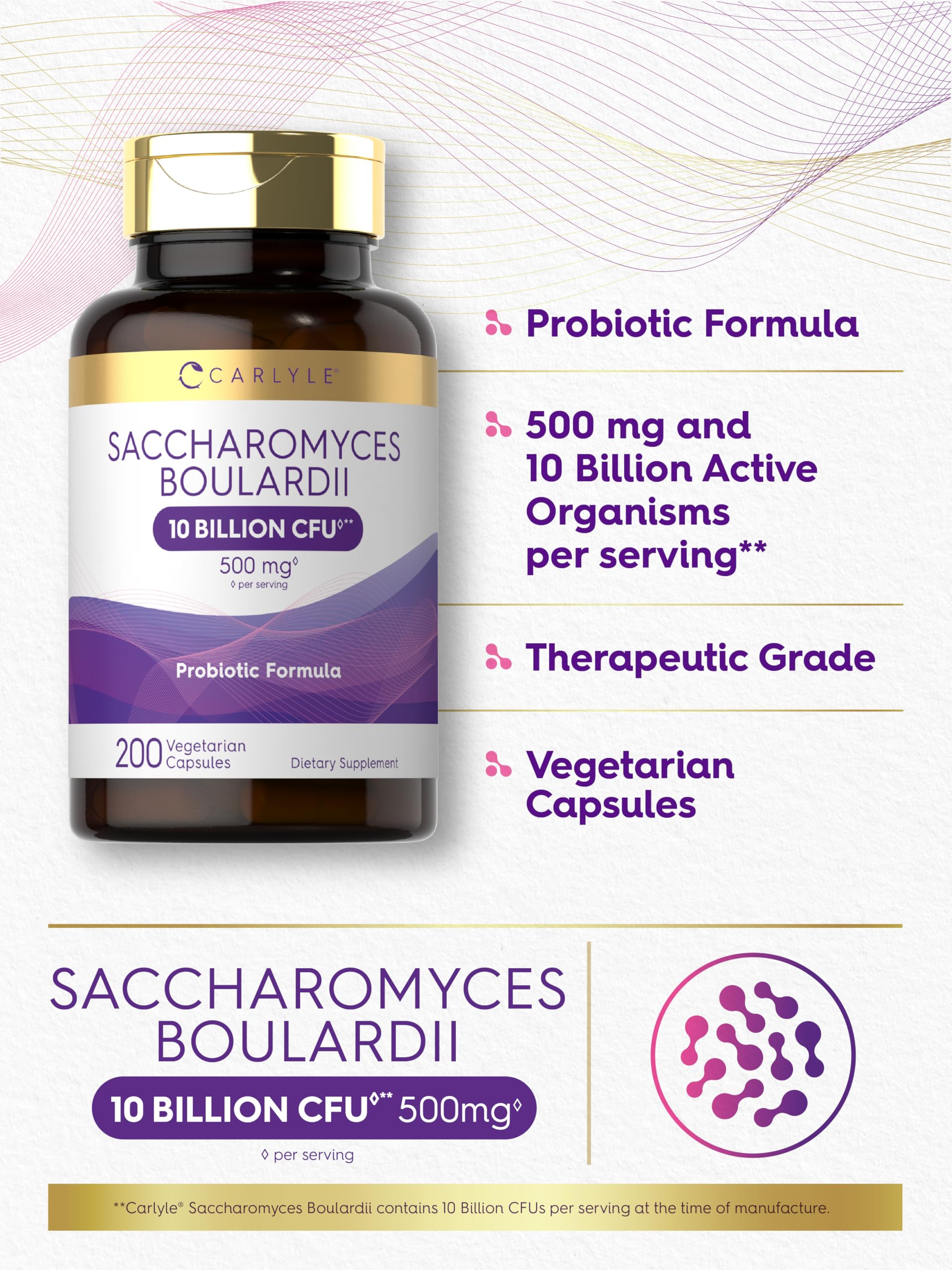 Carlyle Saccharomyces boulardii bottle side view showing clean packaging design.