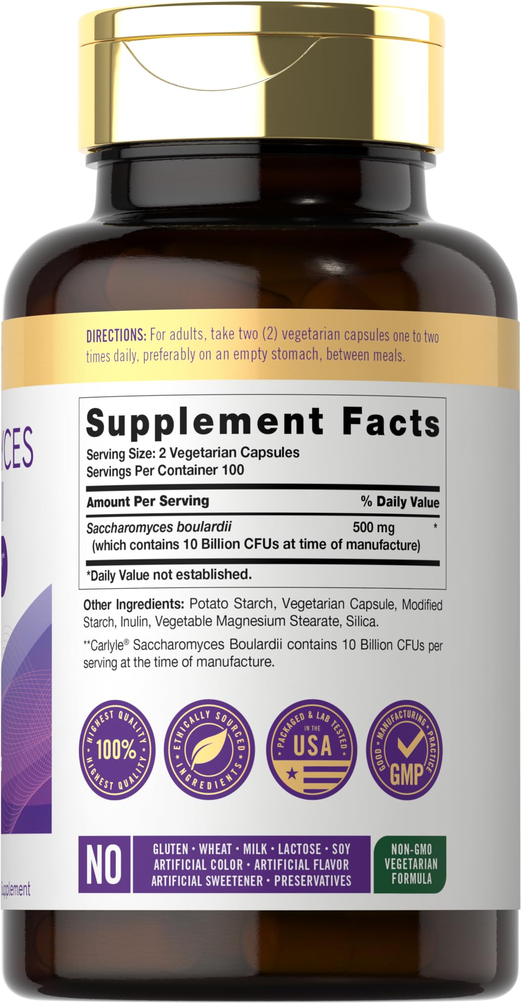 Close-up of Carlyle Saccharomyces boulardii capsules for easy swallowing.