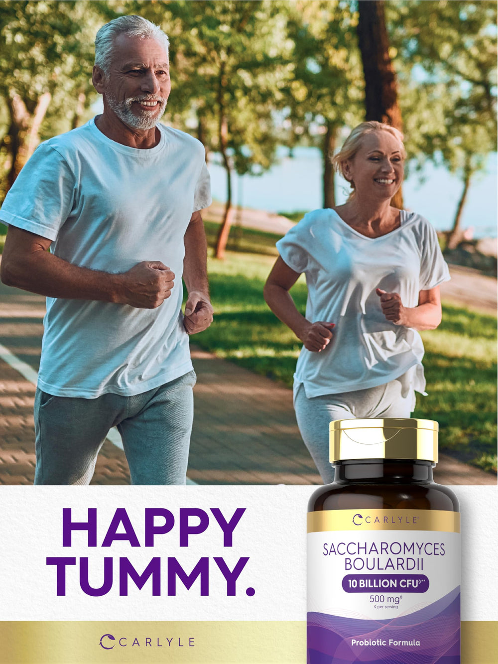 Daily-use scene with Carlyle Saccharomyces boulardii capsules and a glass of water.
