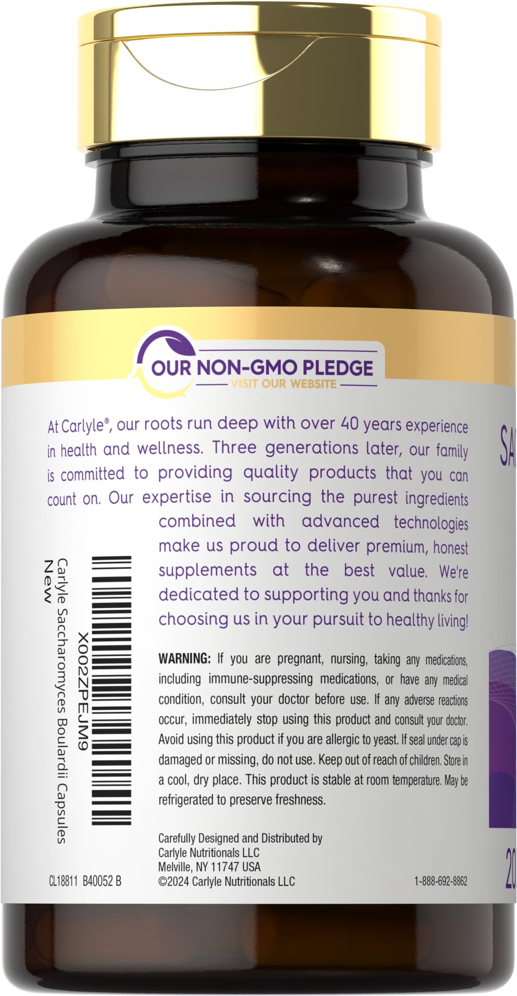 Label detail on Carlyle Saccharomyces boulardii highlighting non-GMO and gluten-free features.