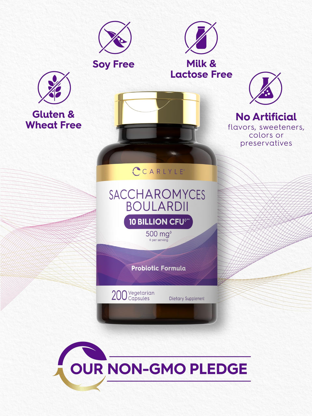 Packaging graphics emphasizing value size for Carlyle probiotic.