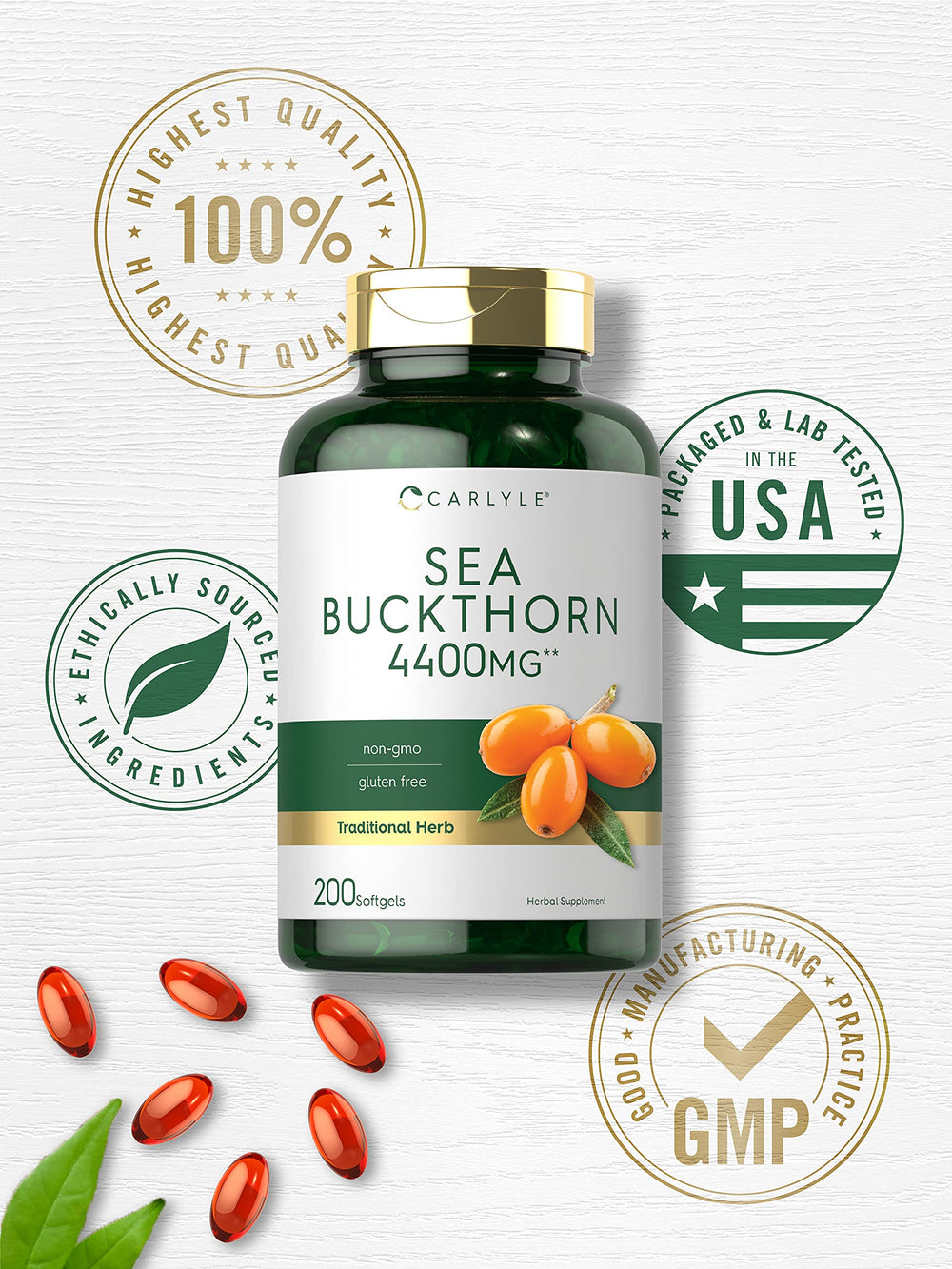 Carlyle Sea Buckthorn Oil Capsules glass bottle on table evokes premium quality.