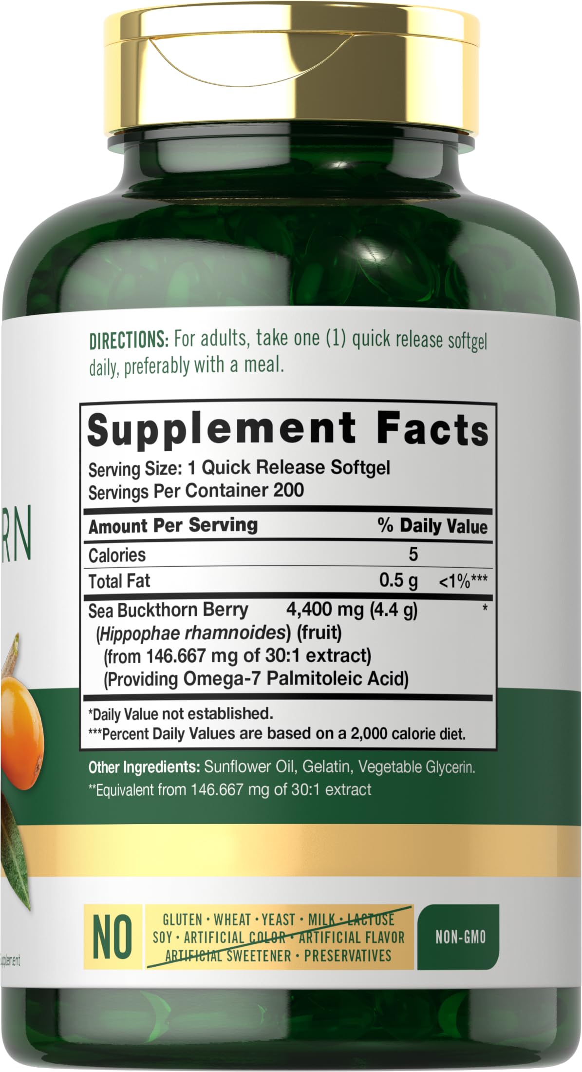 Carlyle Sea Buckthorn Oil Capsules label closeup highlights non-GMO, gluten-free formulation.