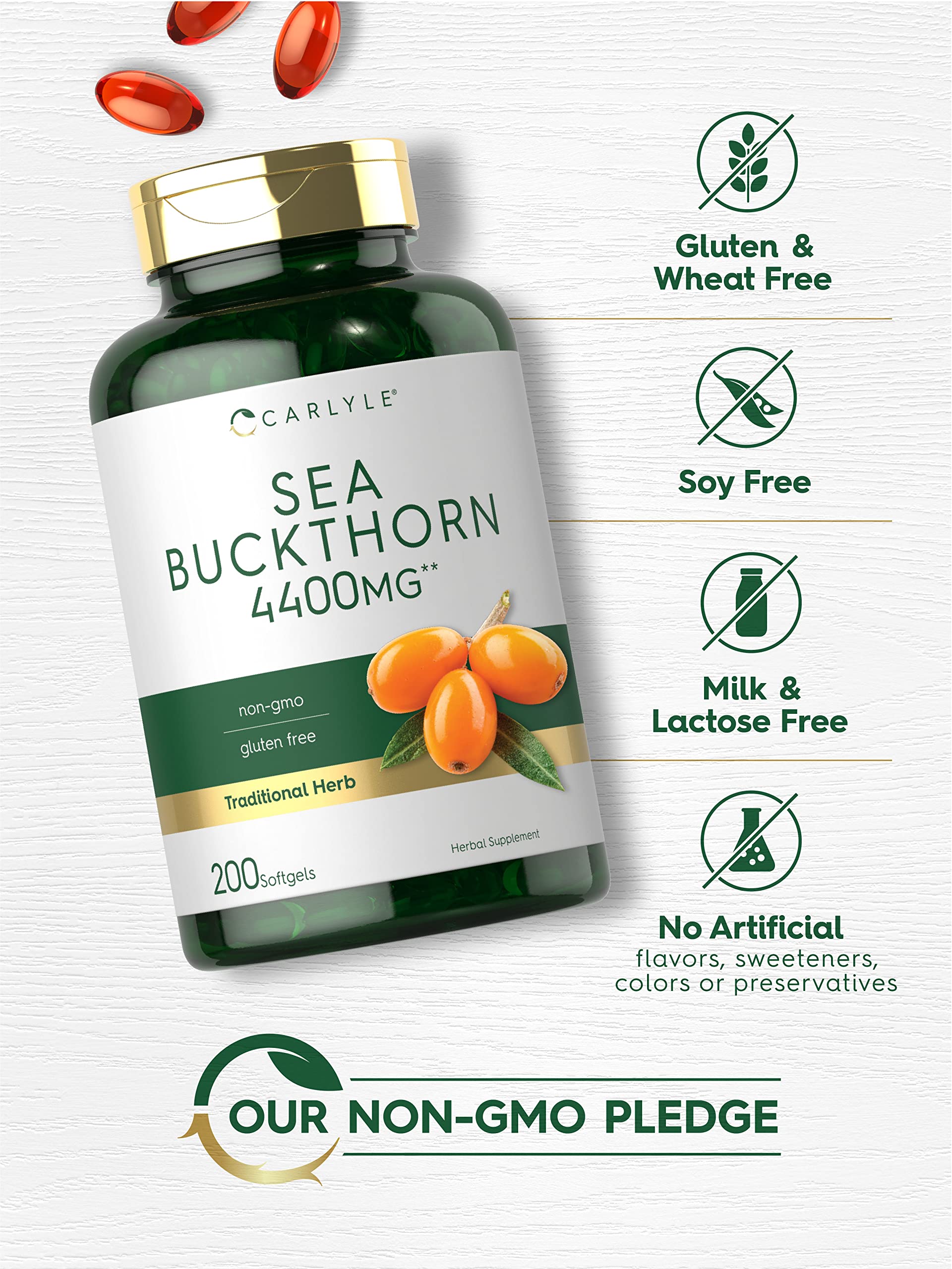 Carlyle Sea Buckthorn Oil Capsules softgels closeup emphasizes compact daily dose.