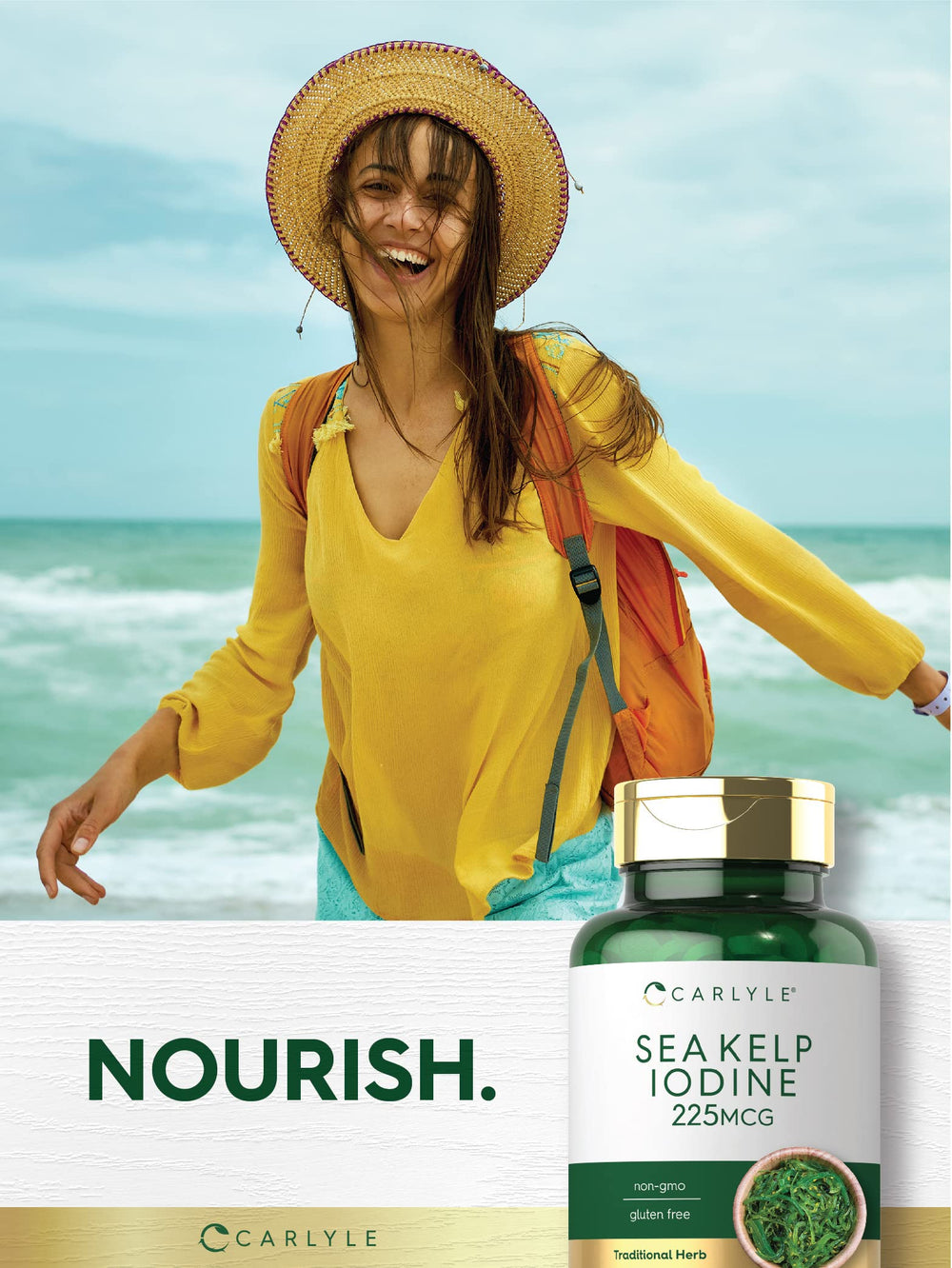 Carlyle Sea Kelp Iodine badge shows Non-GMO and gluten-free options